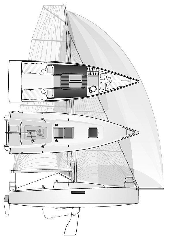 Top view schematic of a 2018 Seascape 27 sailboat, showcasing interior layout and sail design.