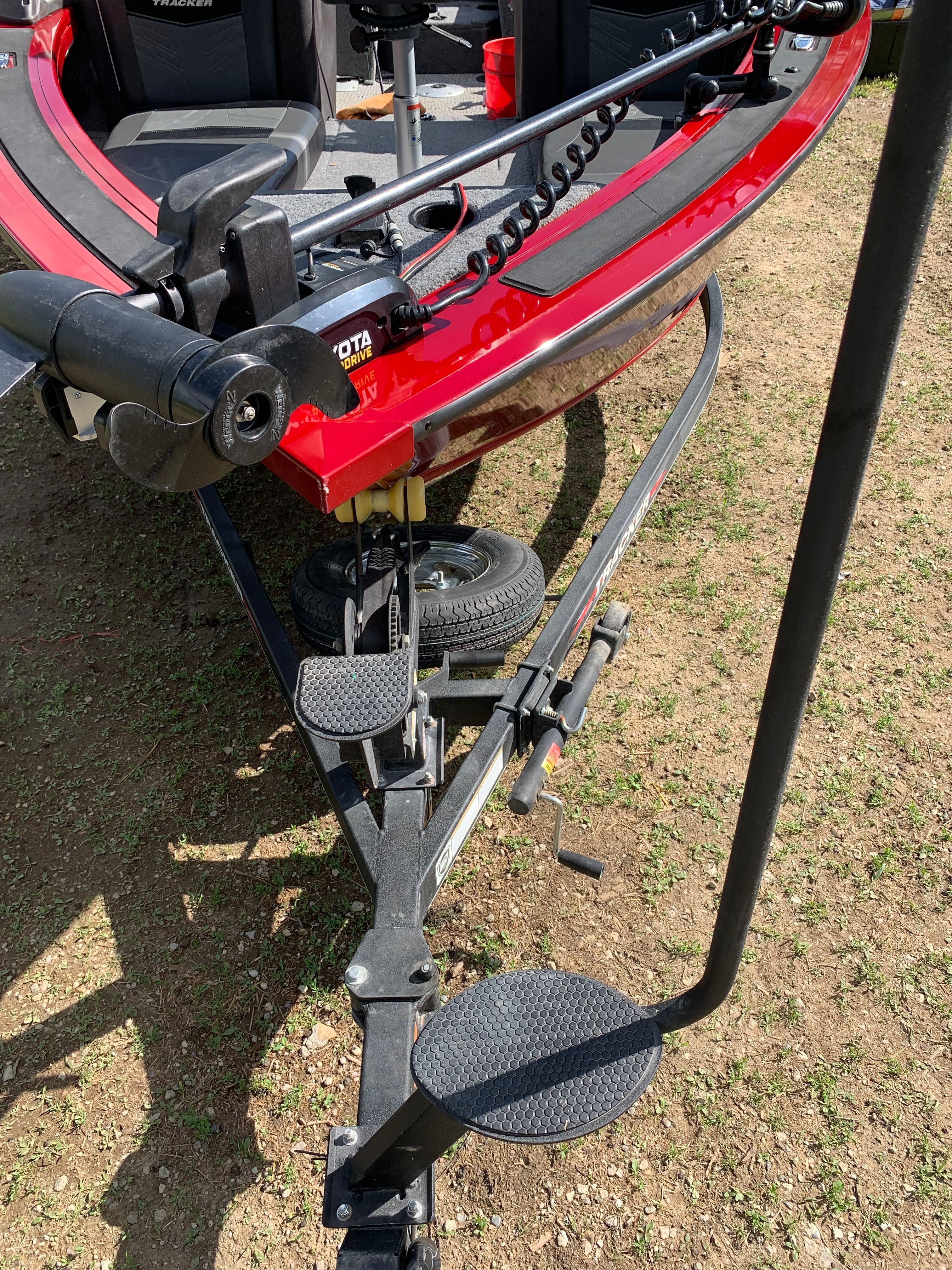2022 Tracker Targa V-19 WT boat on trailer, close-up view.
