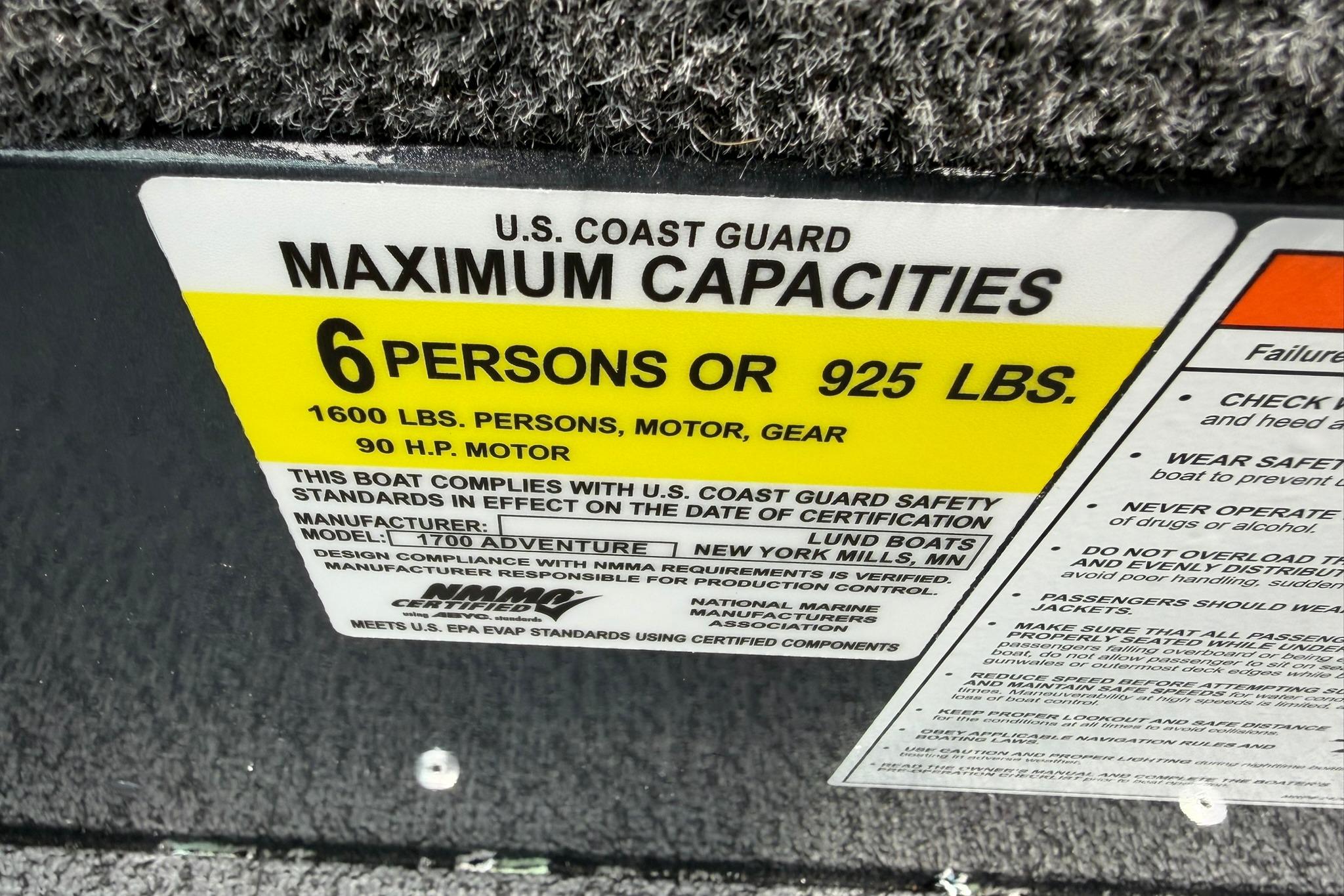 U.S. Coast Guard capacity label for Lund 1675 Adventure Sport, 2027 model, 6 persons or 925 lbs.