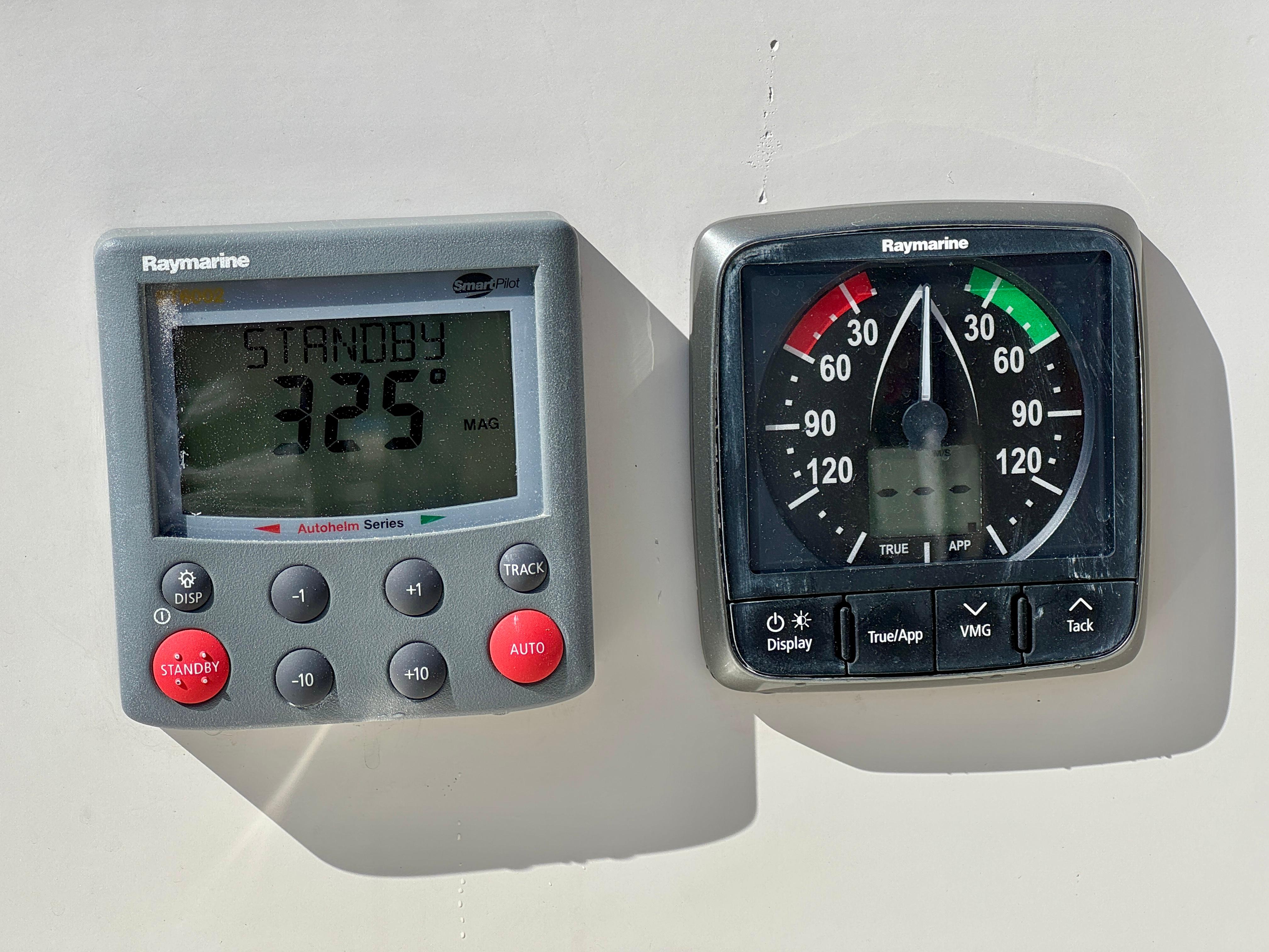 Raymarine navigation instruments on a 1989 Nonsuch 30 Ultra sailboat, displaying heading and wind angle.