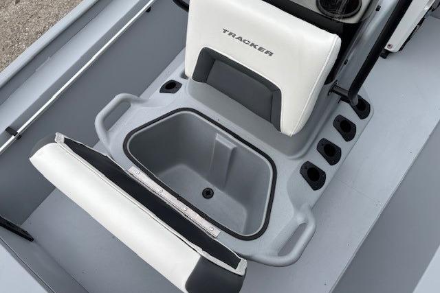 2026 Tracker Bass Tracker Classic CC boat seat with storage compartment and cup holders.