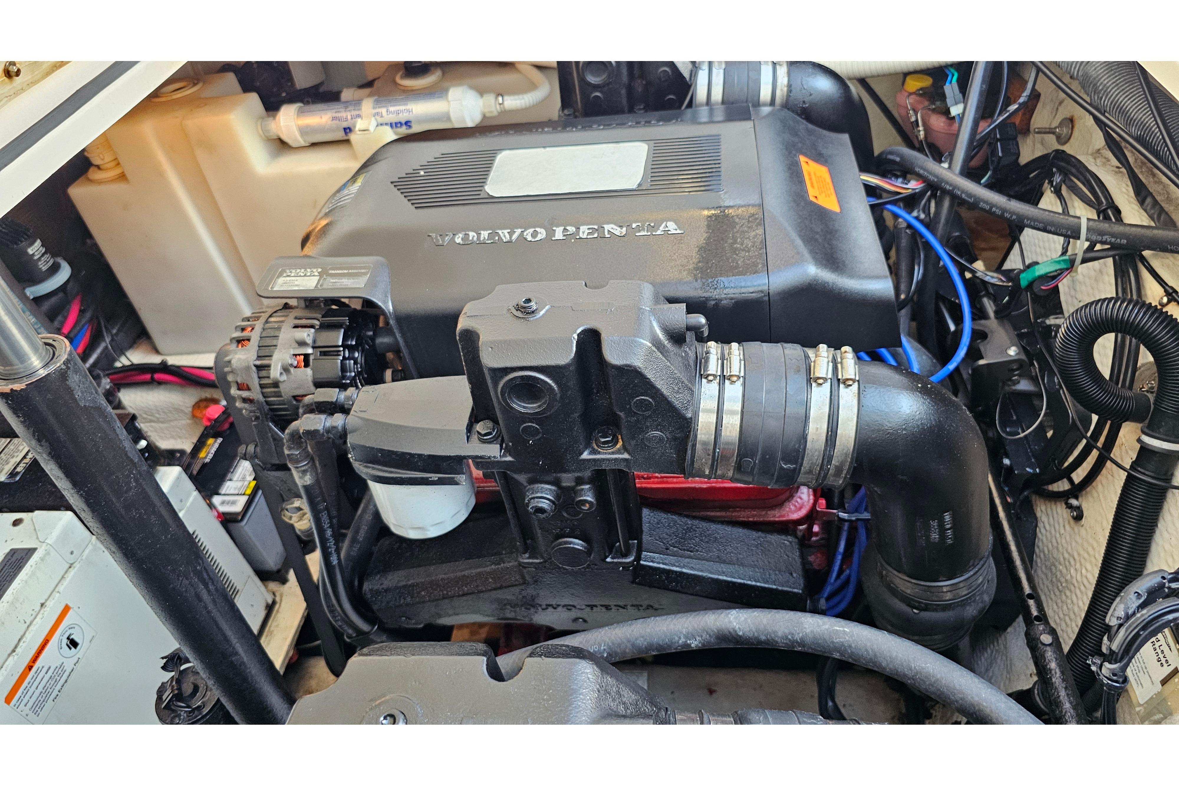 Engine compartment of a 2005 Regal 3060 Window Express boat with Volvo Penta engine.