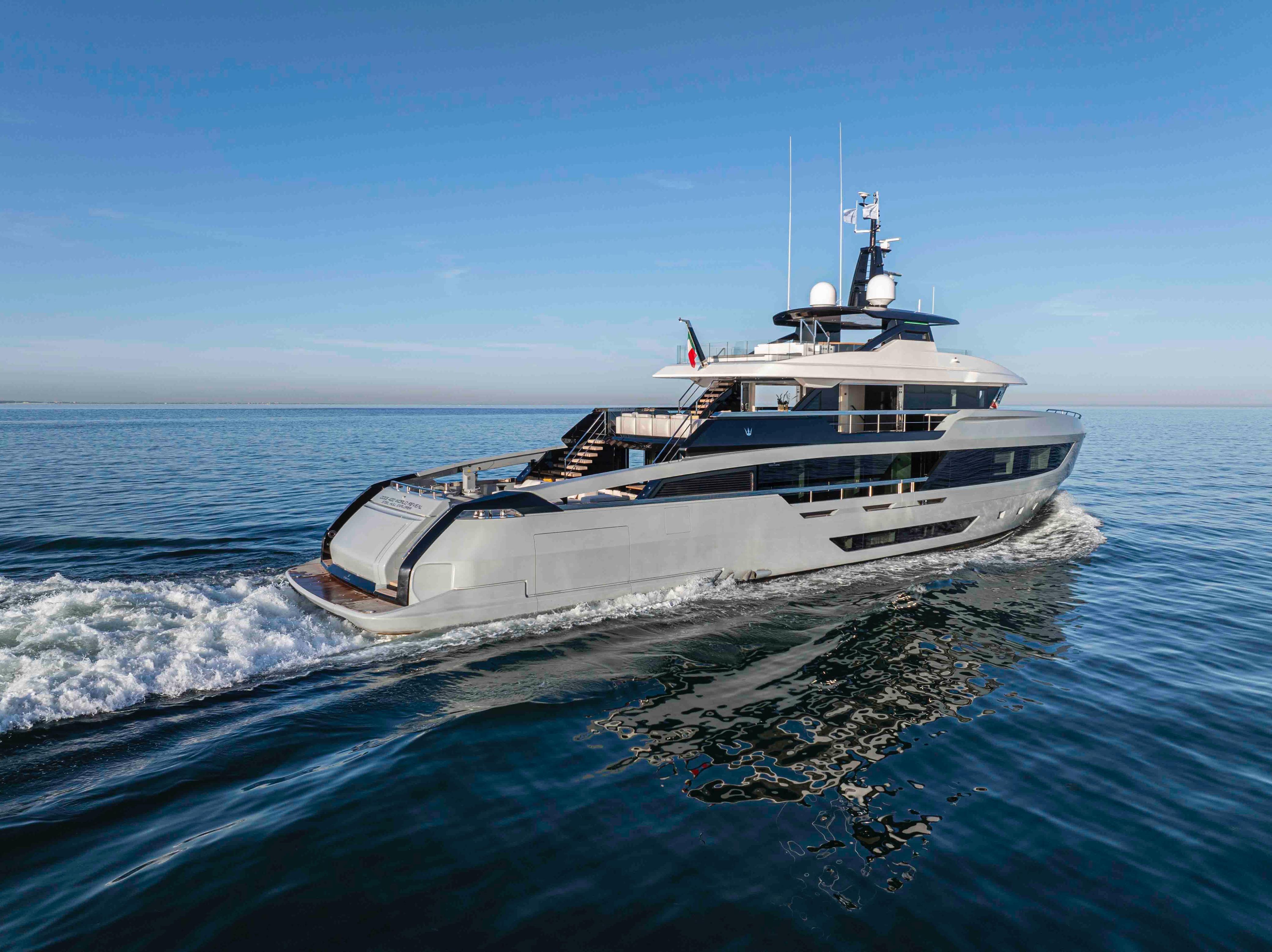 Luxurious Ocean King Doge 400 yacht cruising on open sea, 2027 model.