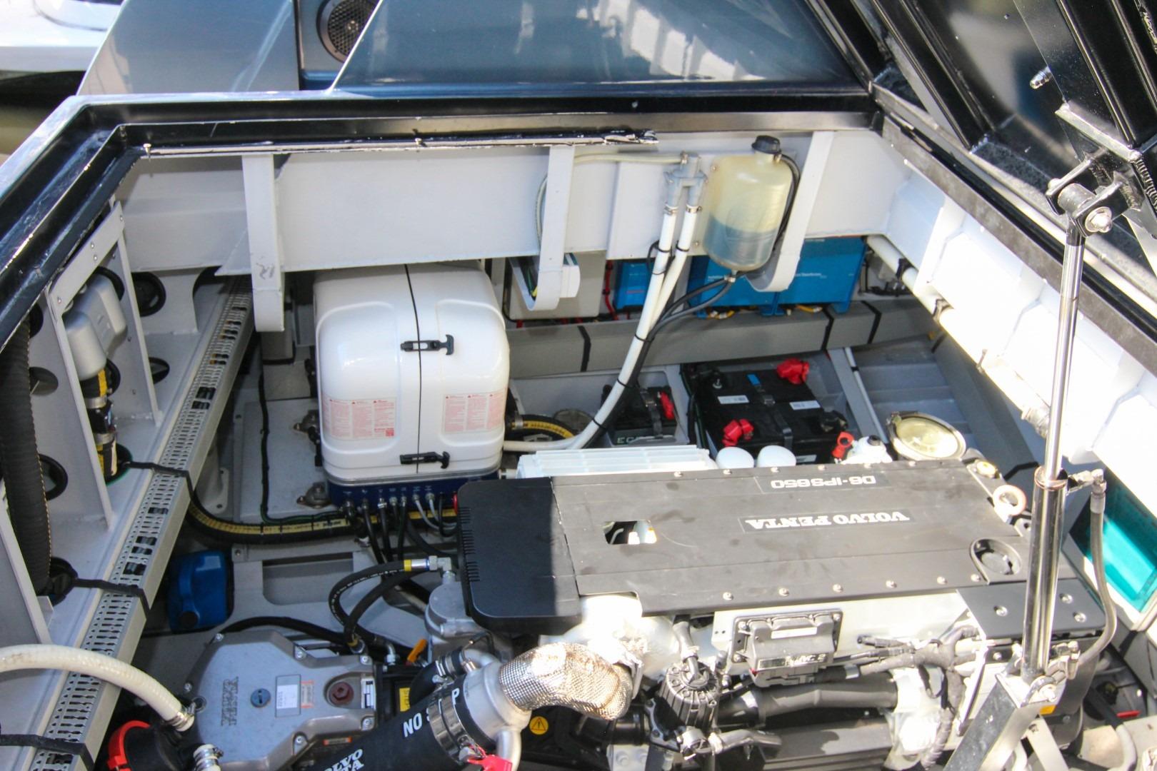 Engine compartment of 2022 Vanquish Yachts VQ45 with Volvo Penta engine.
