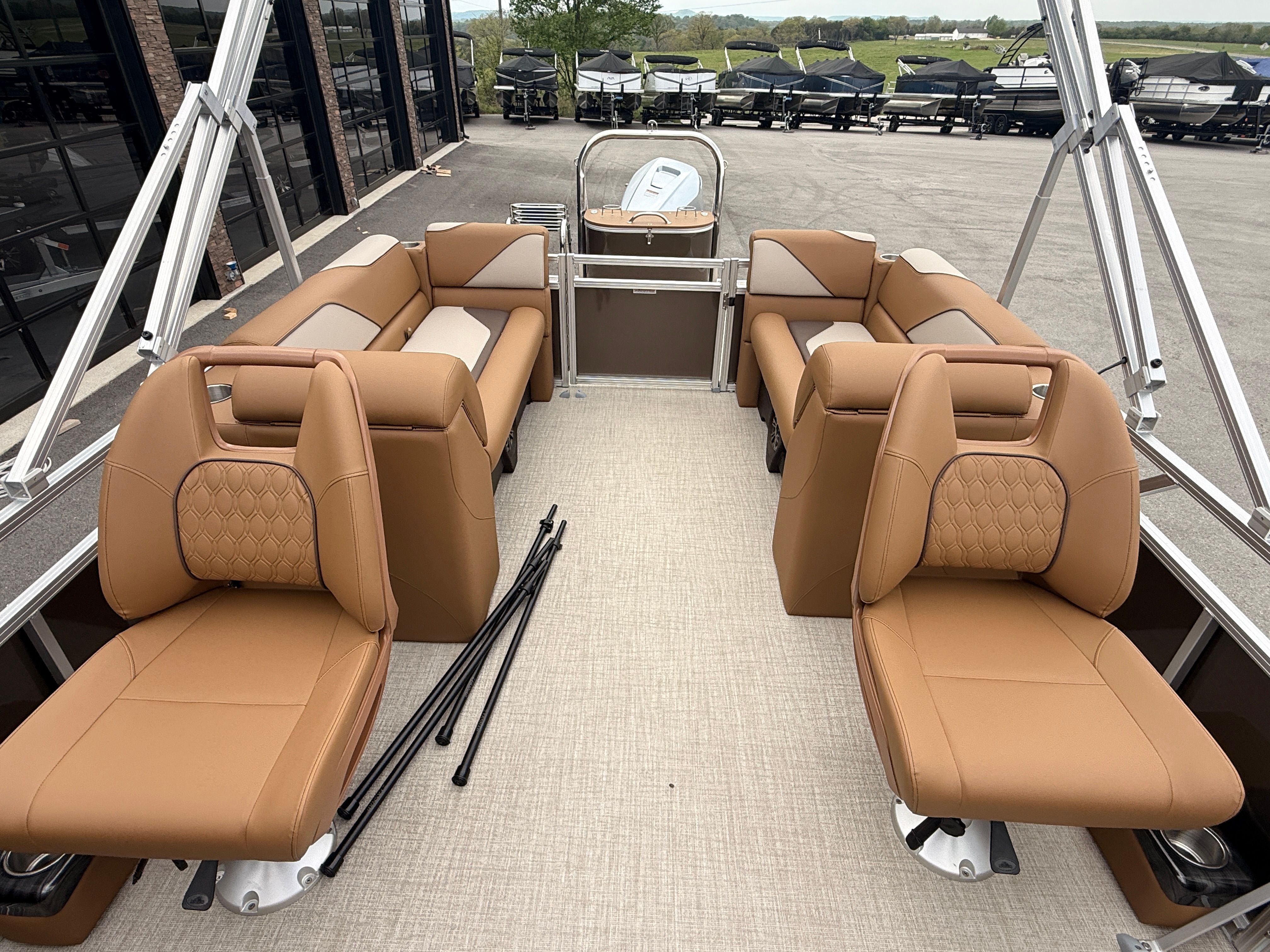 Interior of 2026 Tahoe 2380 Sport Quad Lounger with luxurious leather seating.