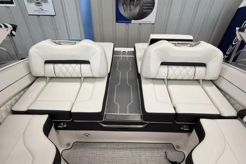 Luxurious interior of 2027 Regal LS4 boat with white leather seating and modern design.