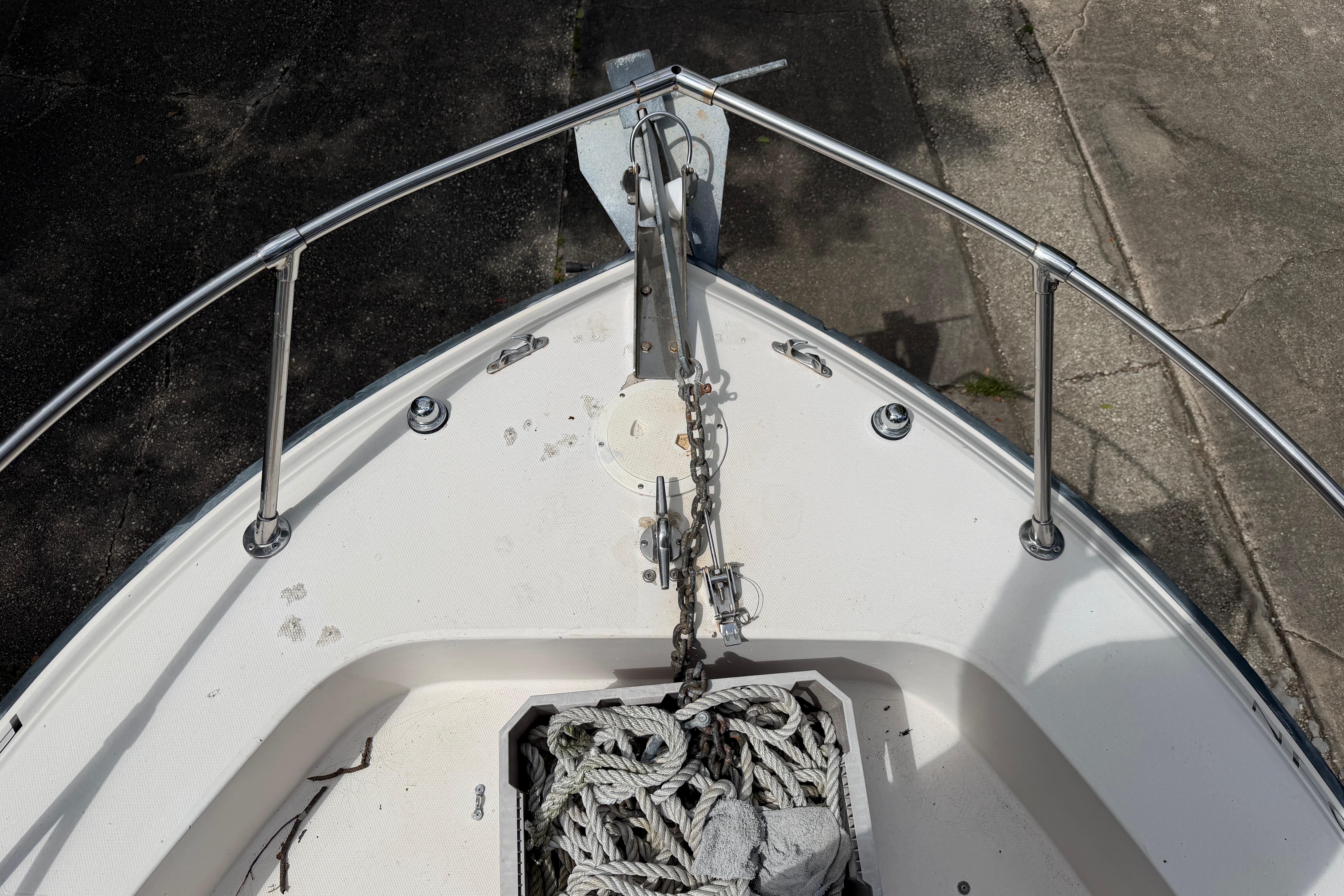 Bow of 1987 Grady-White Seafarer 226 with anchor and ropes.