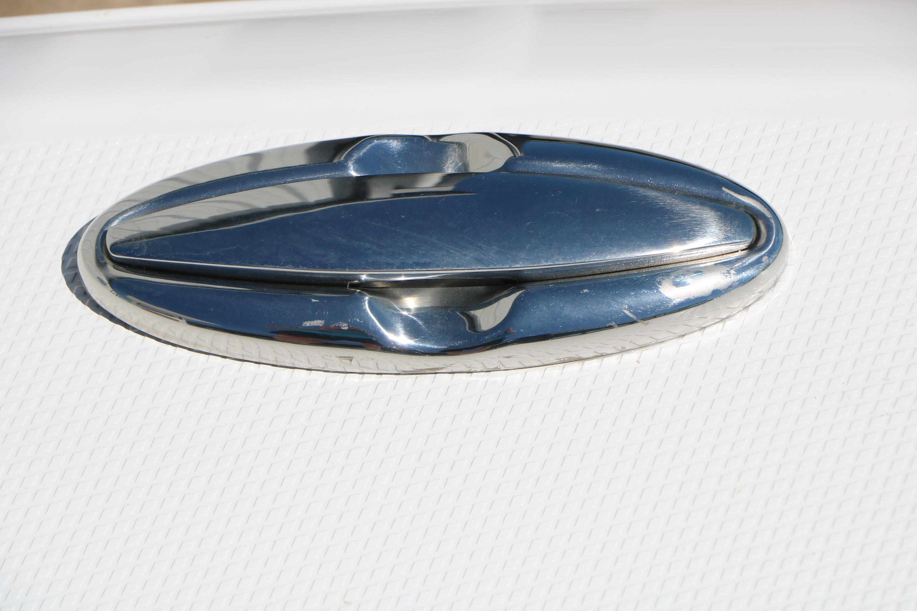 Chrome boat cleat on 2026 Robalo 246 Cayman deck.