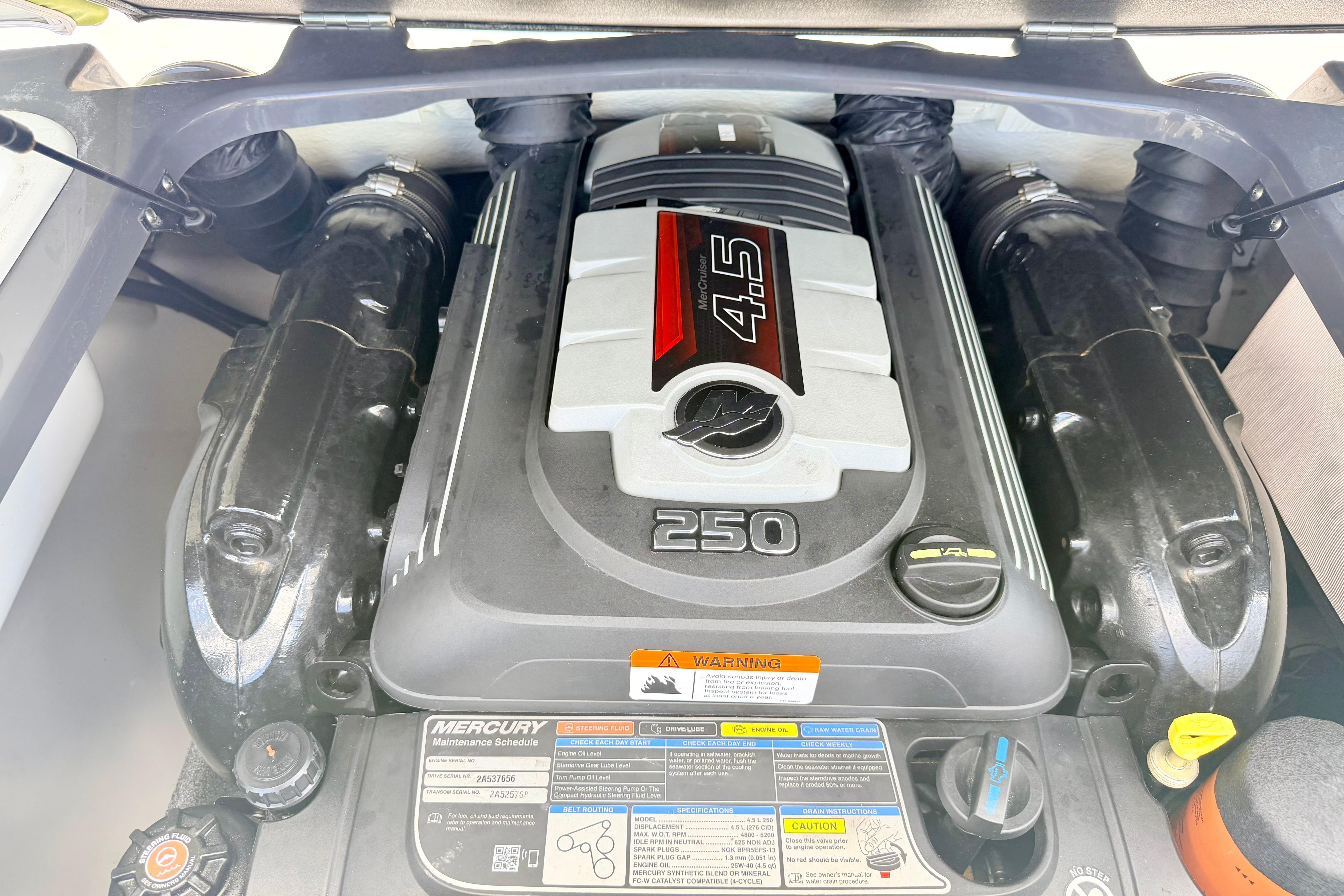 2018 Glastron GT 185 engine compartment featuring a powerful 4.5L Mercury engine.