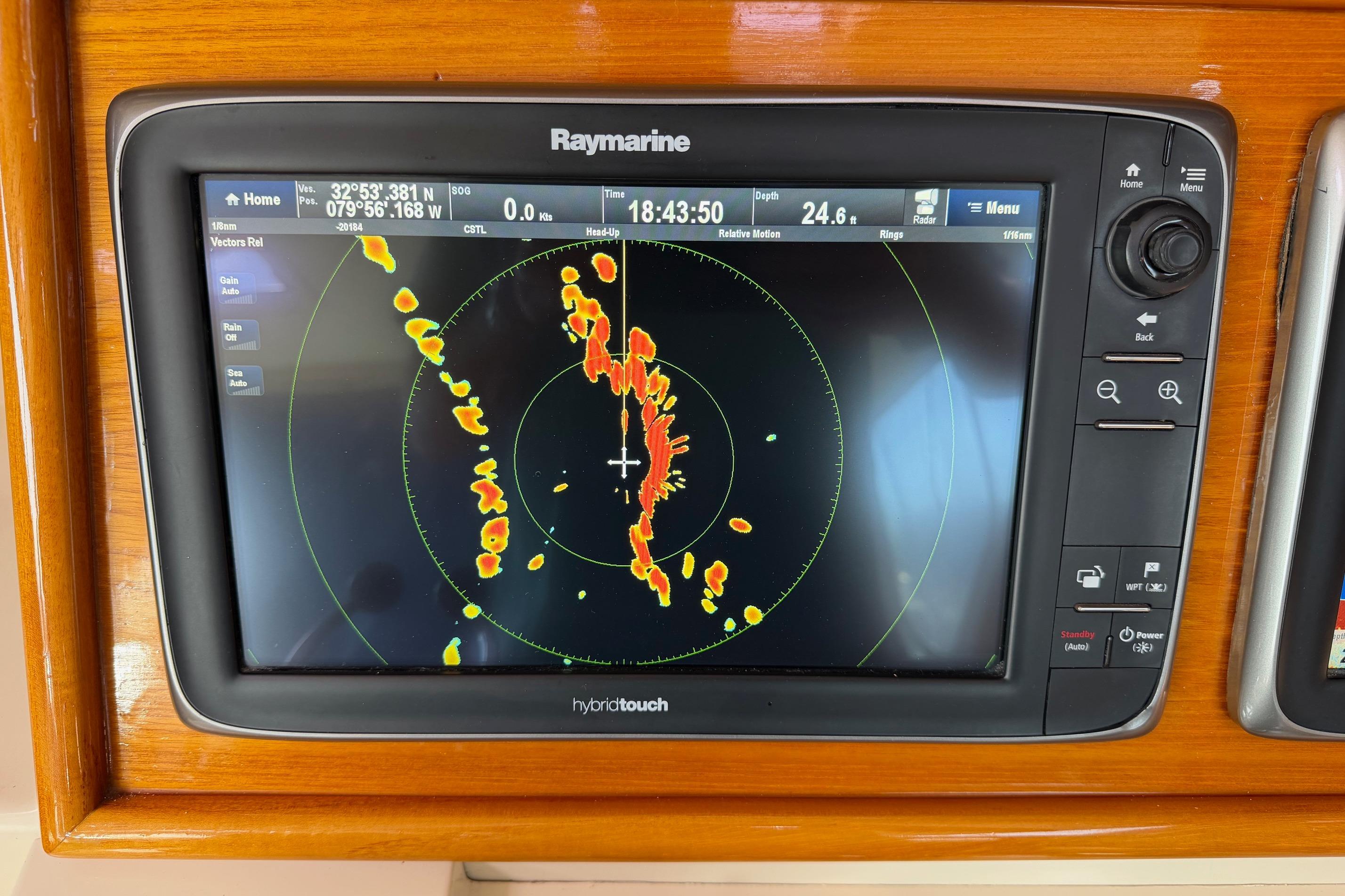 Raymarine navigation display on 2003 Little Harbor WhisperJet 36 boat dashboard.