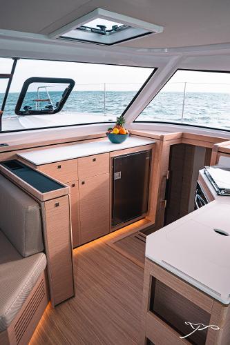 2025 Nautitech 40 Open yacht interior with modern design and ocean view.