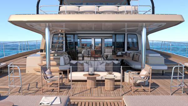 Luxurious Lagoon 83 yacht deck with elegant seating, ocean view, 2025 model.