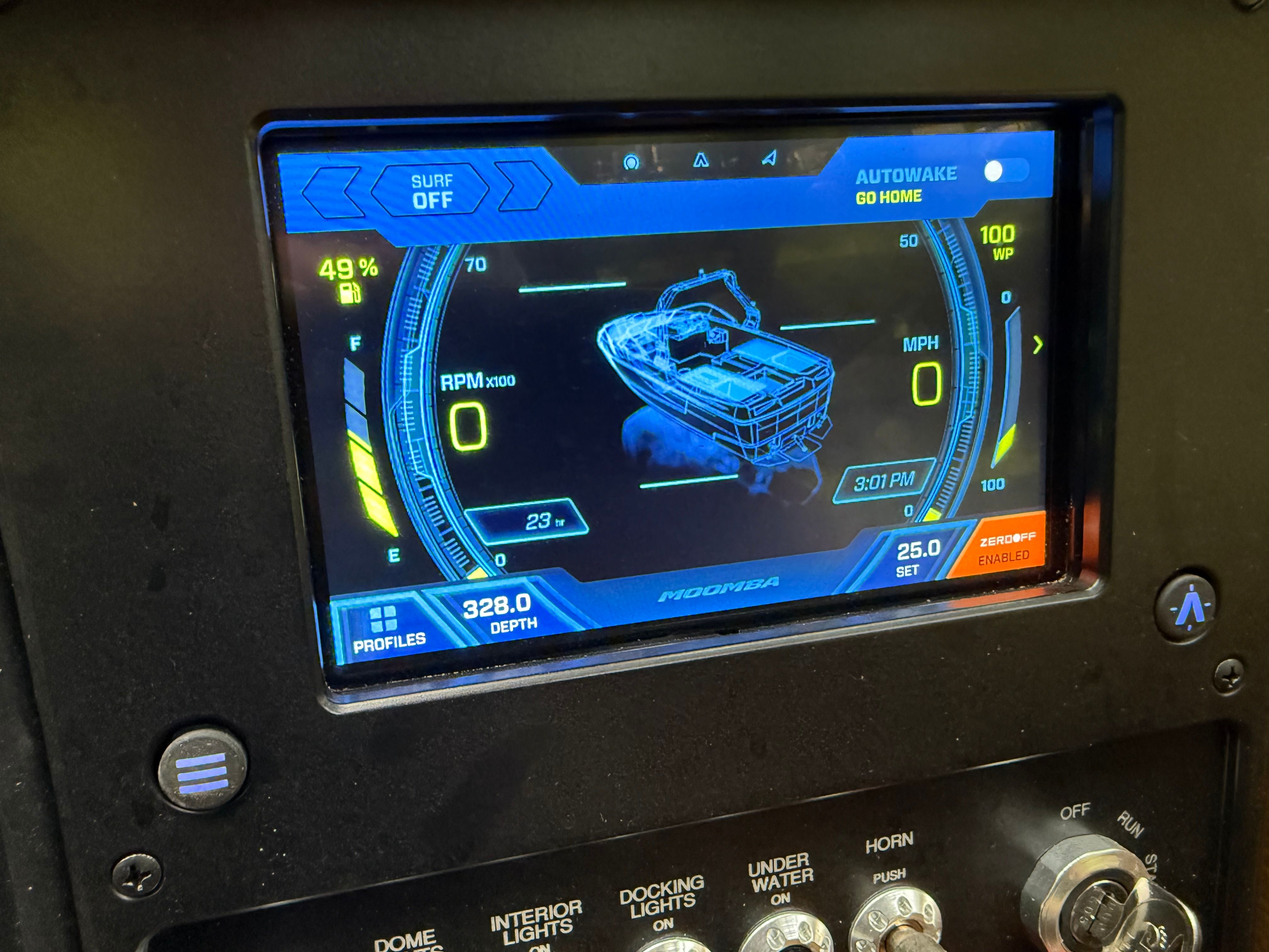 The image shows a digital dashboard with a boat display screen.