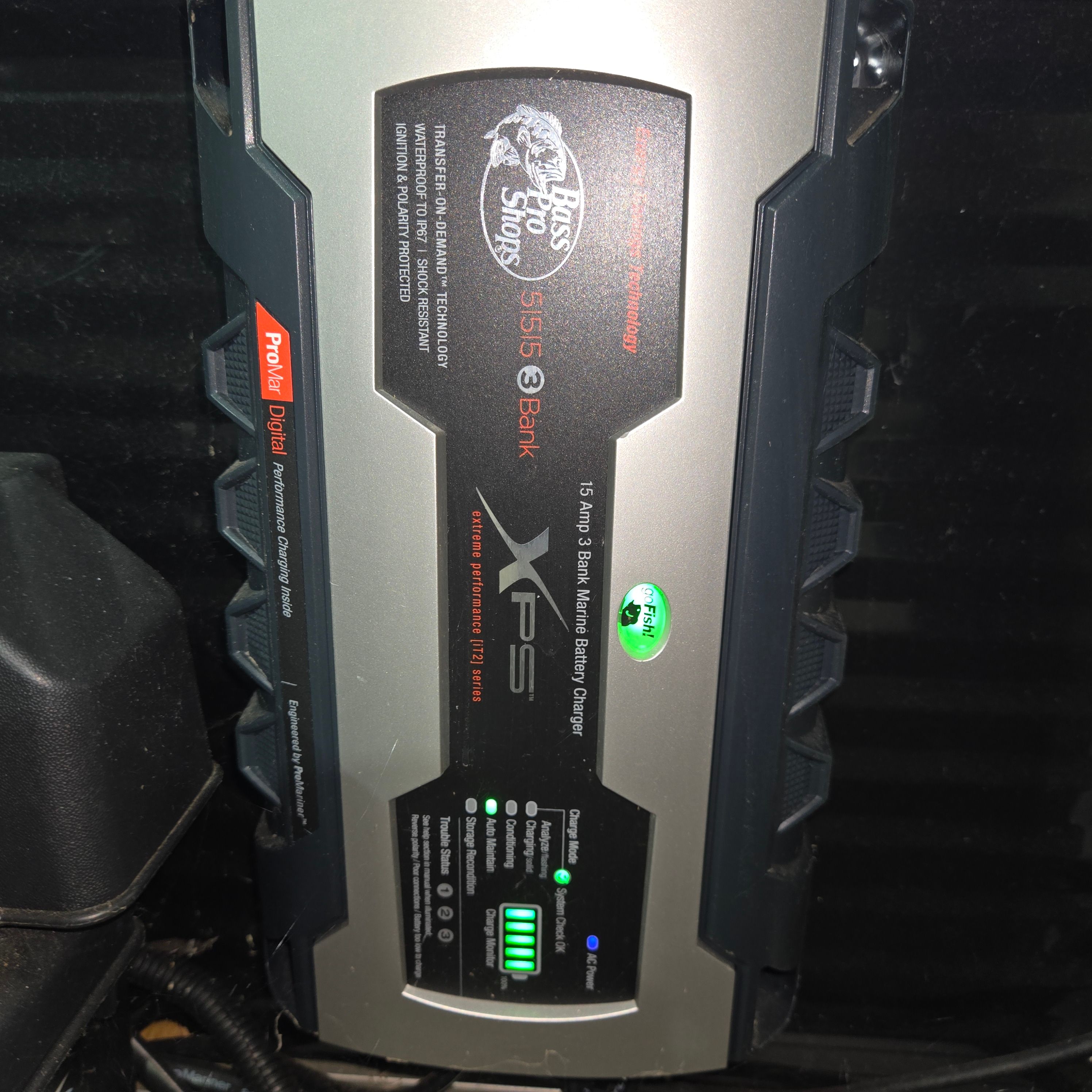 Battery charger on a Sun Tracker boat, model Fishin' Barge 24 DLX, year 2012.