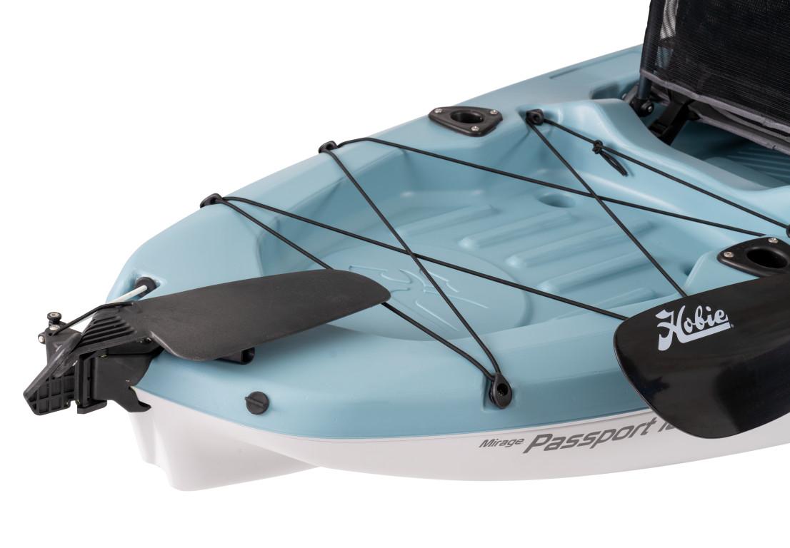 Hobie Mirage Passport 10.5 kayak 2023 model, light blue with black bungee cords and rudder.