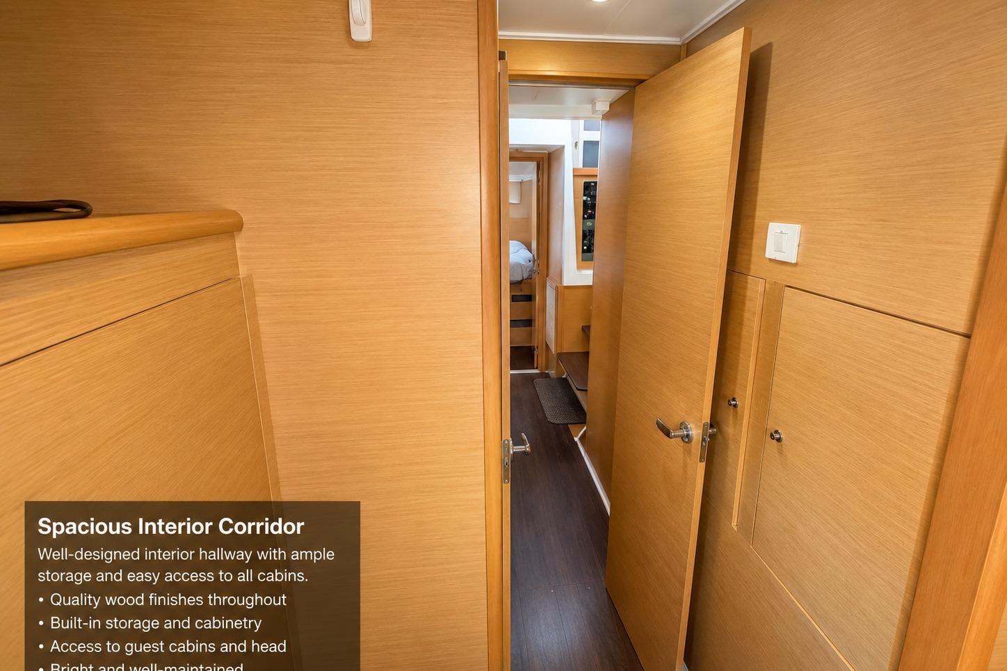 Spacious interior corridor of 2010 Lagoon 421 yacht with wood finishes and built-in storage.