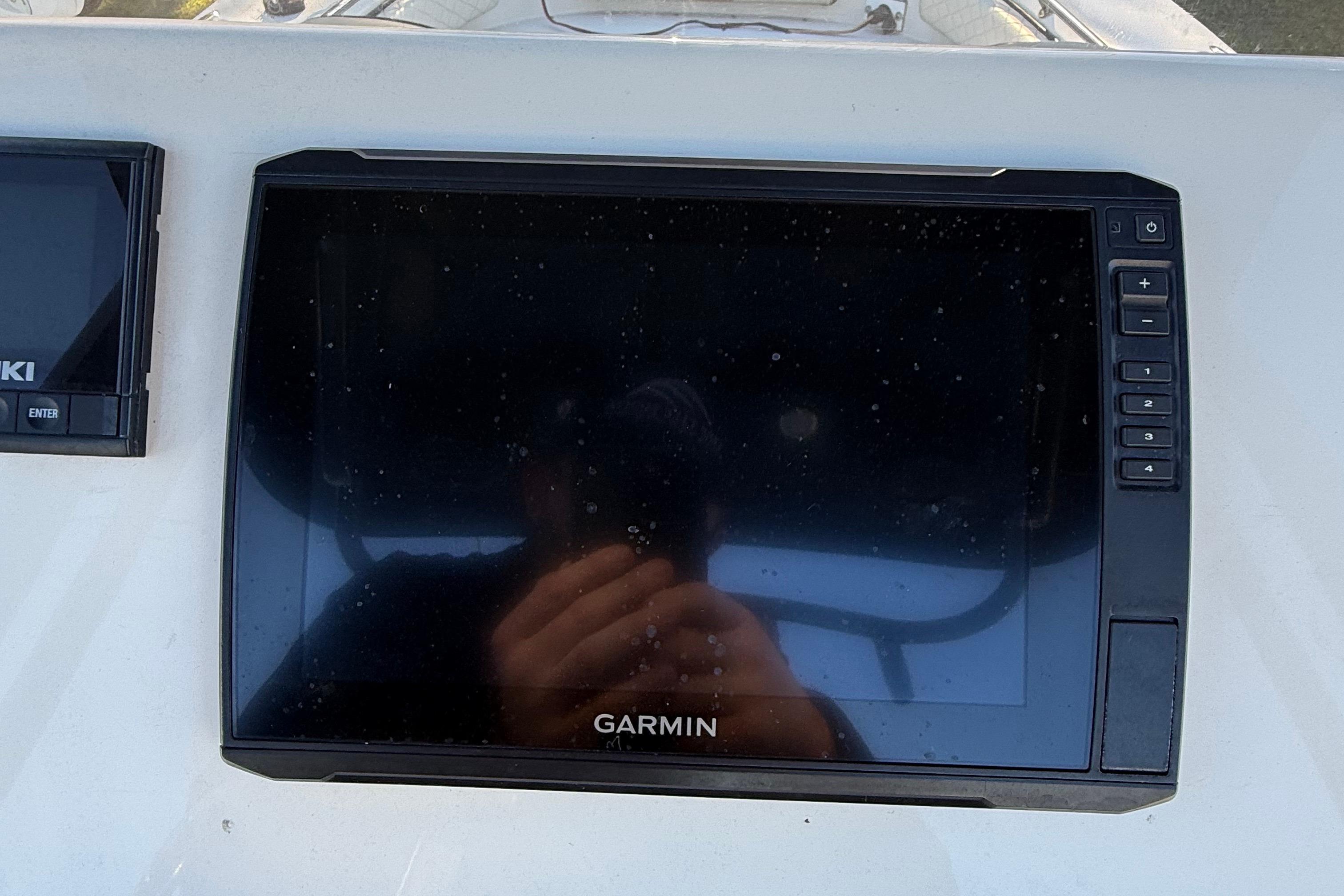 Garmin navigation system on 2021 Carolina Skiff 26 Ultra Elite boat dashboard.