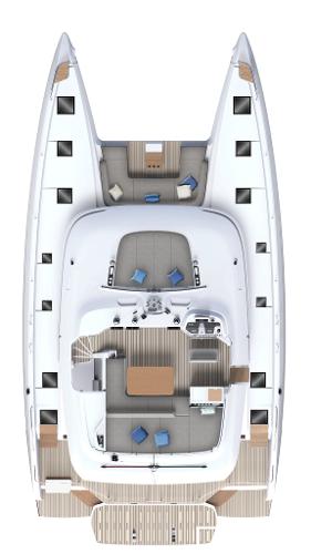 Top view of 2025 Lagoon 55 catamaran, showcasing spacious deck and seating areas.
