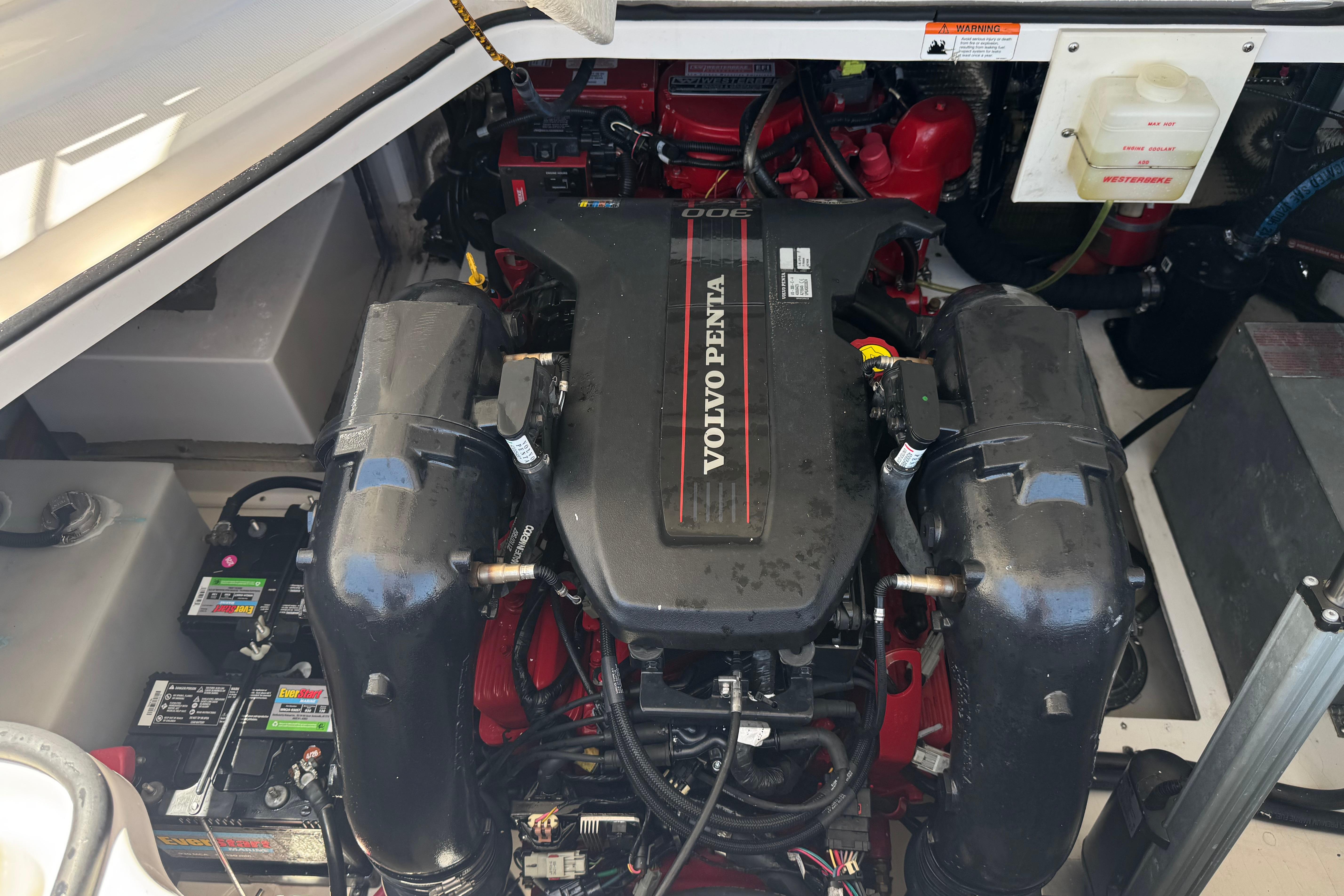 Engine compartment of a 2013 Regal 28 Express with Volvo Penta engine.