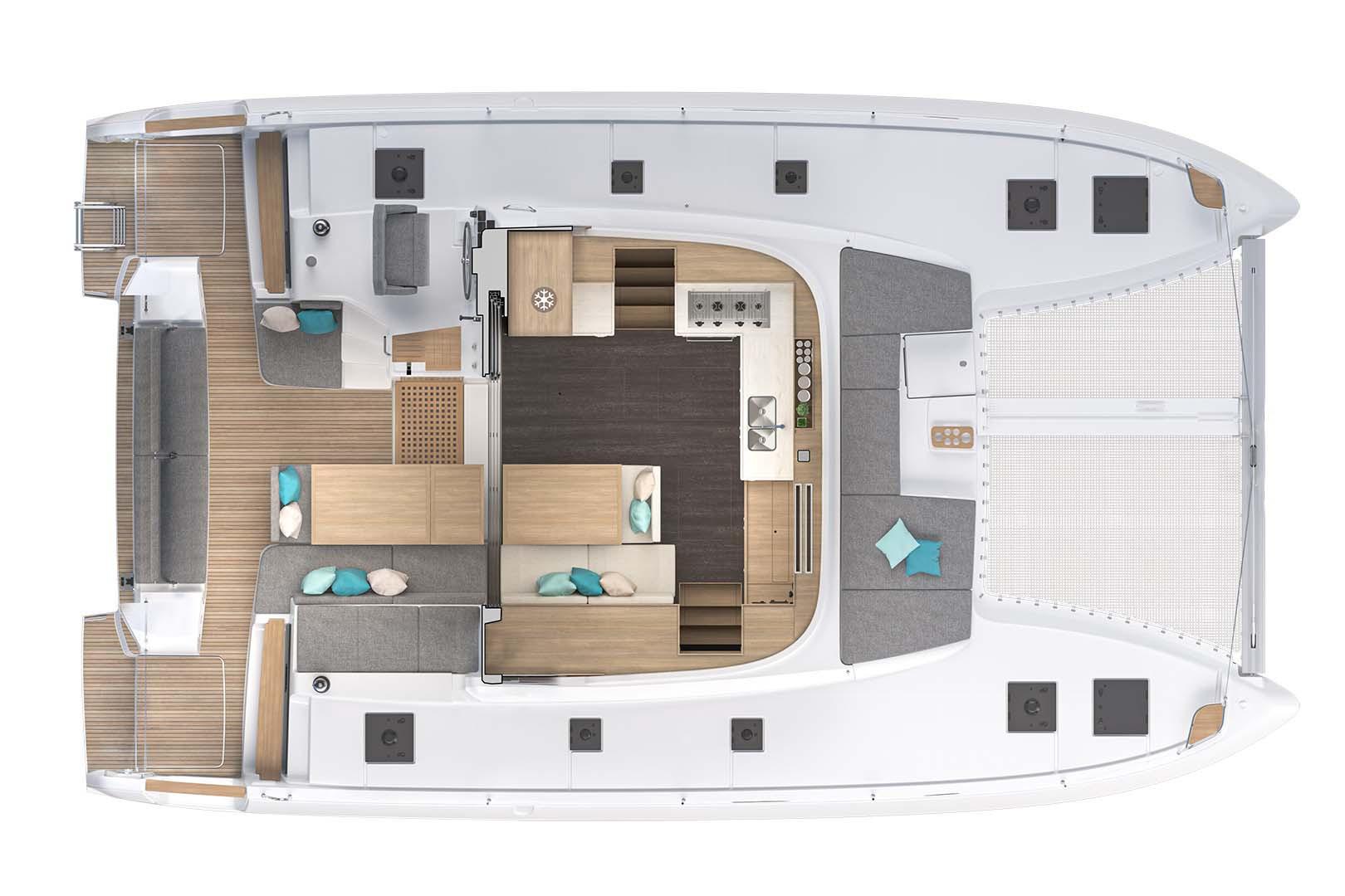Manufacturer Provided Image: Top view of 2025 Lagoon 43 catamaran interior layout with modern design.