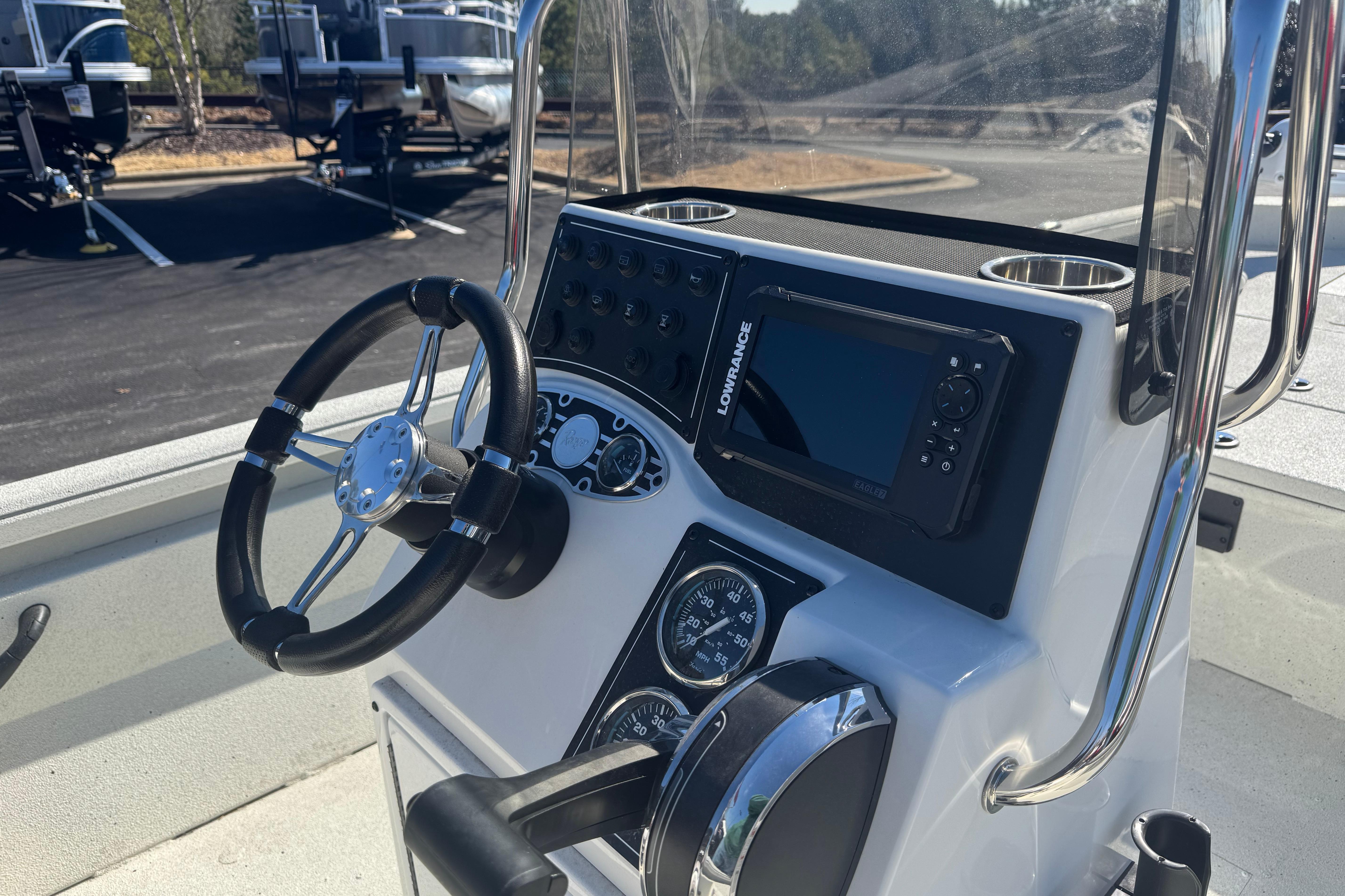 2026 Ranger RB200 boat console with steering wheel and navigation system.