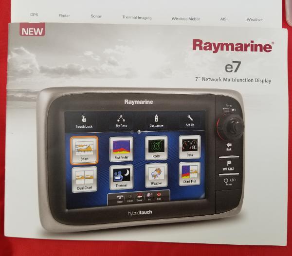 Raymarine e7 multifunction display, featuring GPS, radar, sonar, and thermal imaging capabilities.