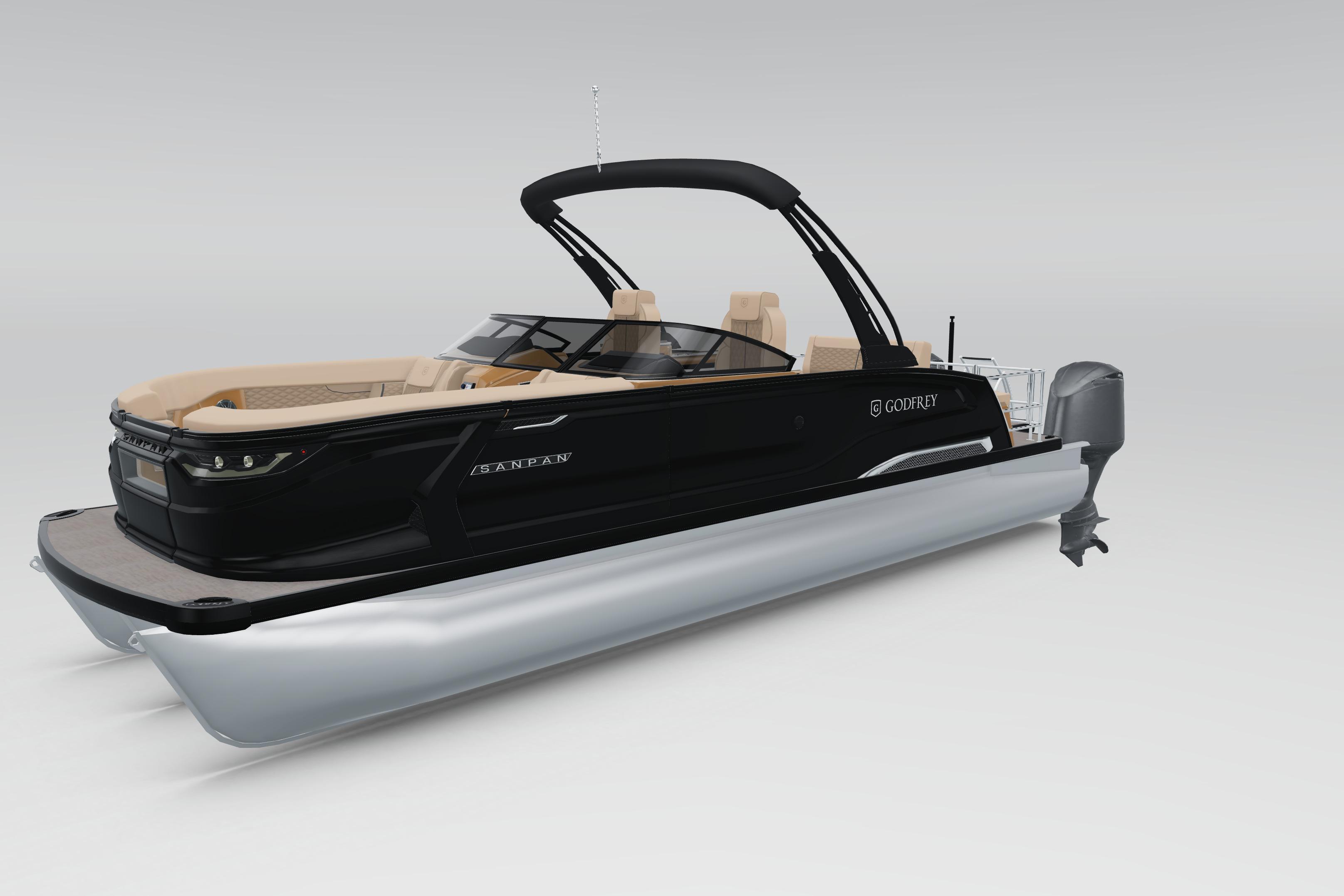 2026 Godfrey Sanpan 27' Tritoon with sleek design and luxurious seating.