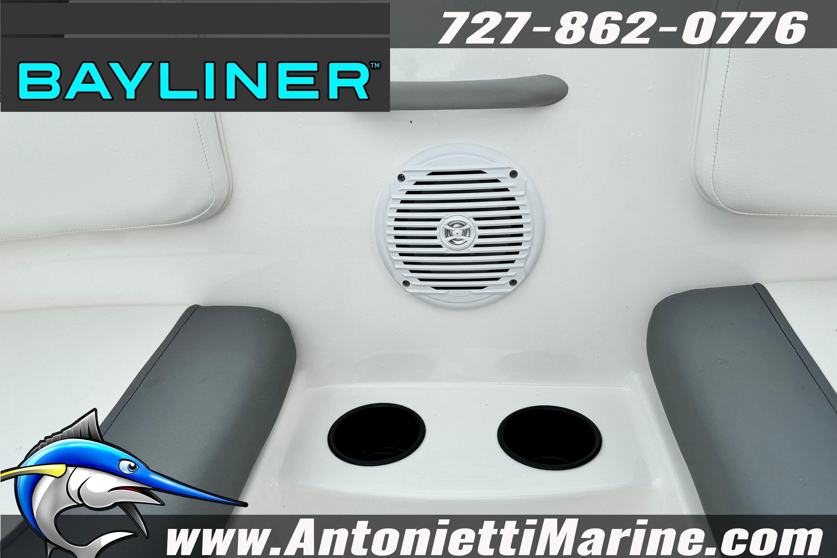 2026 Bayliner Element E16 boat interior with speaker and cup holders, featuring Antonietti Marine branding.