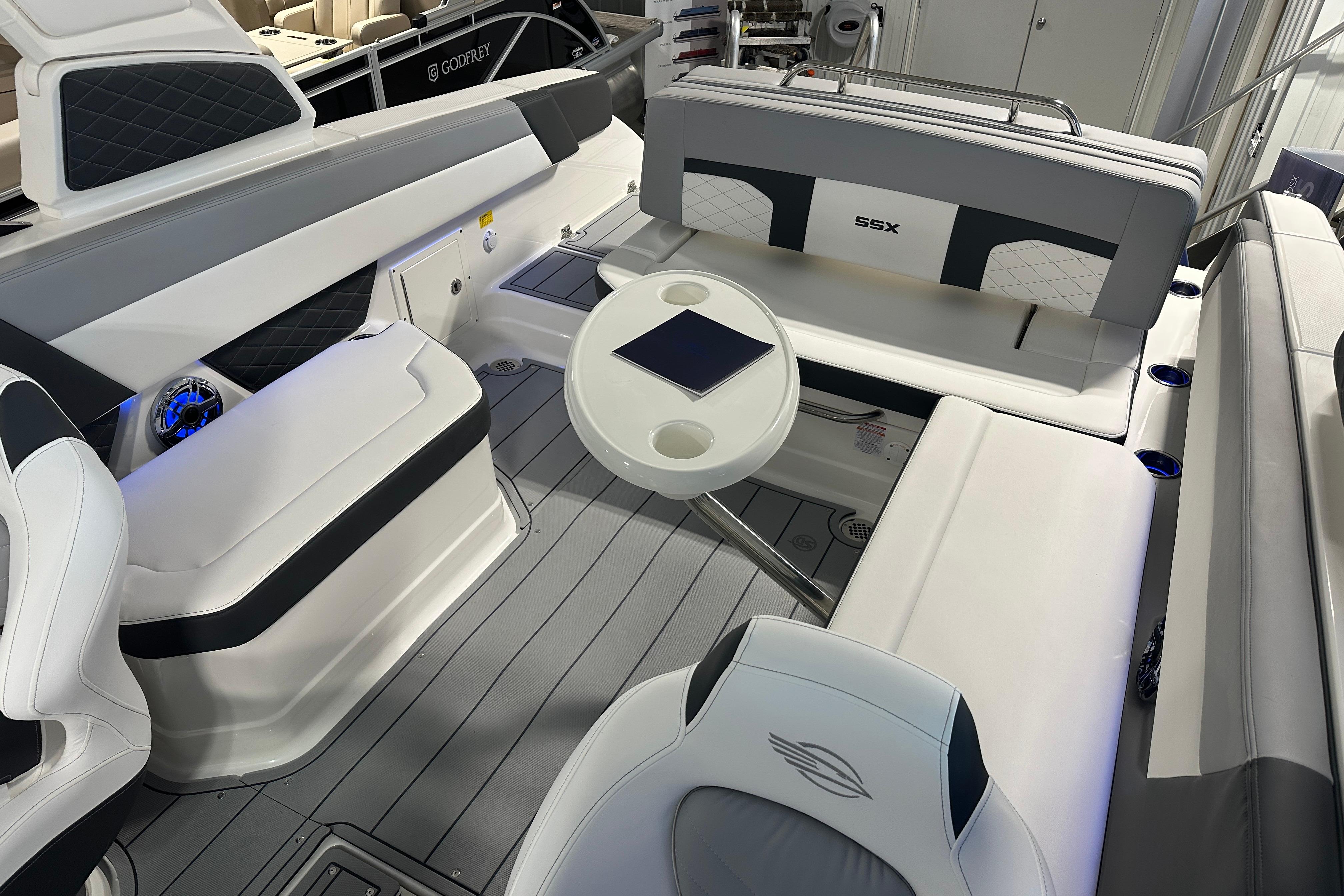 Interior of Chaparral SSX 8 boat, 2026 model, featuring luxurious seating.
