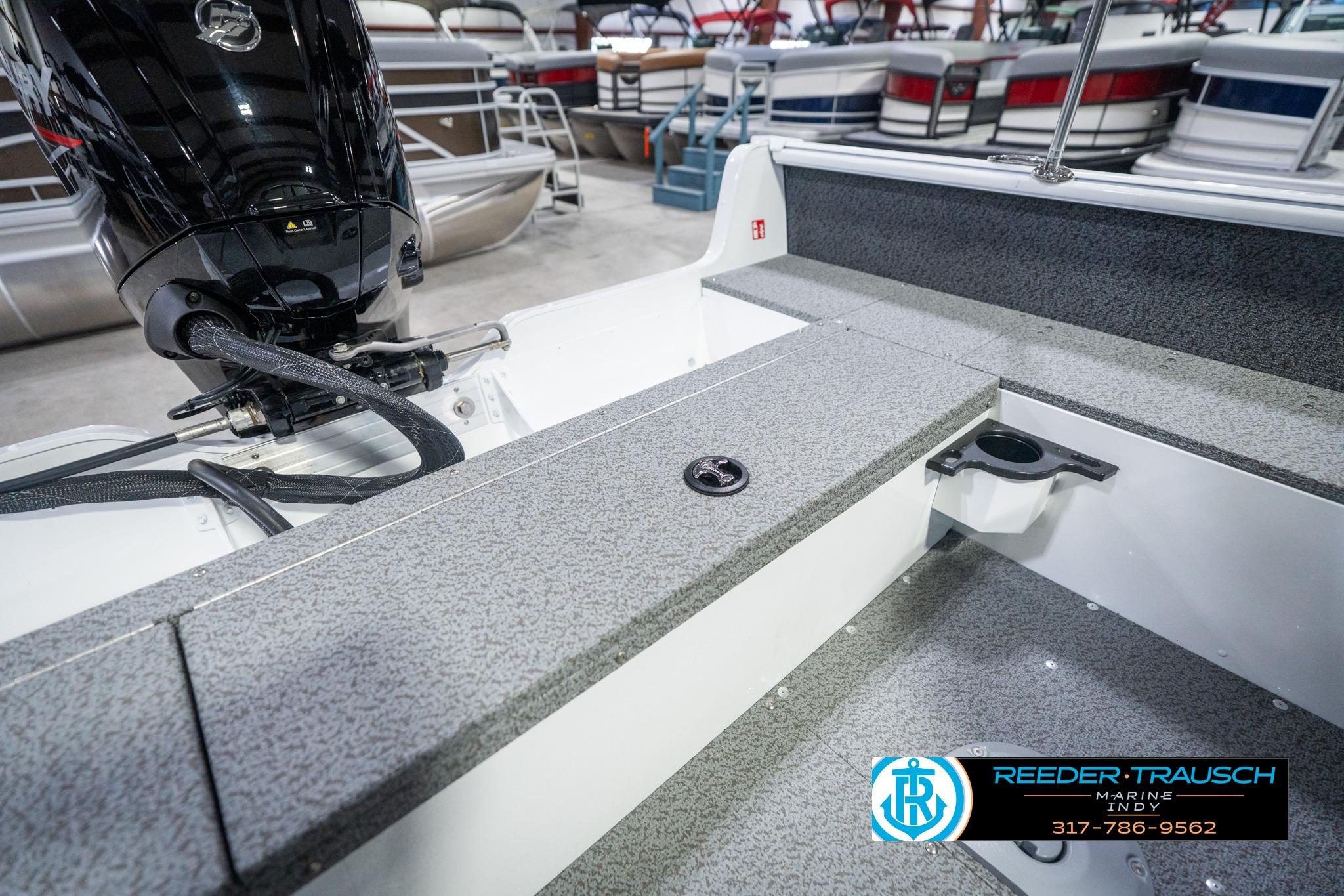 2026 Lund 1700 Explorer Sport boat interior with motor, showcased at Reeder-Trausch Marine.