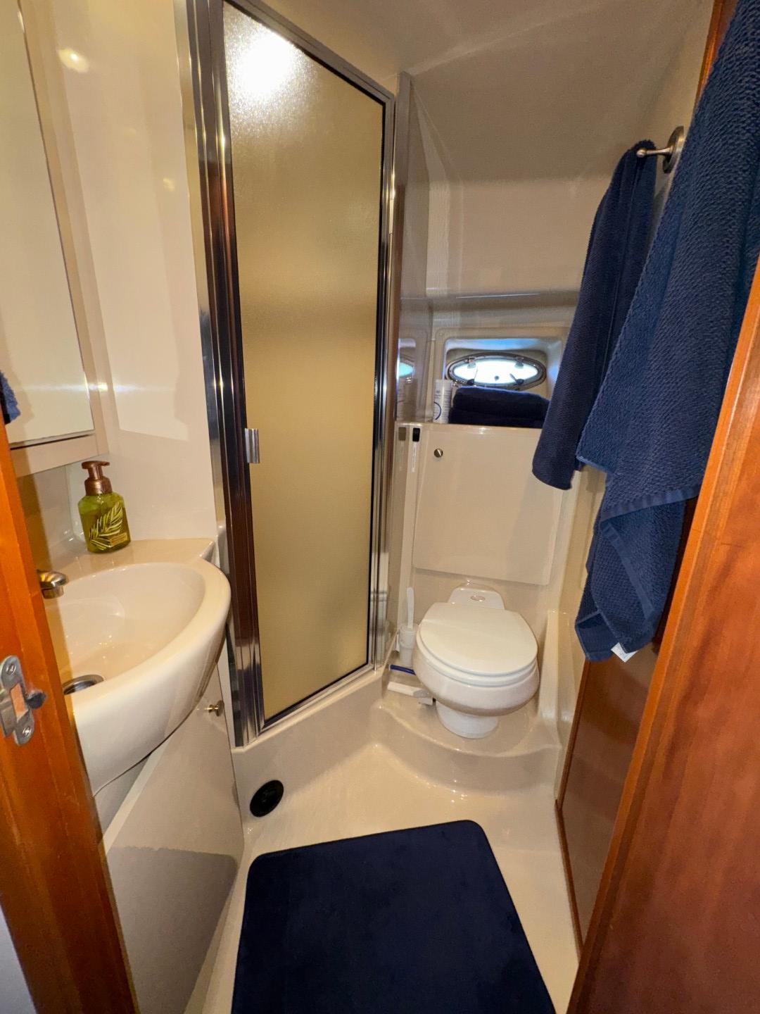 2003 Meridian 381 Sedan bathroom with shower, sink, and toilet.