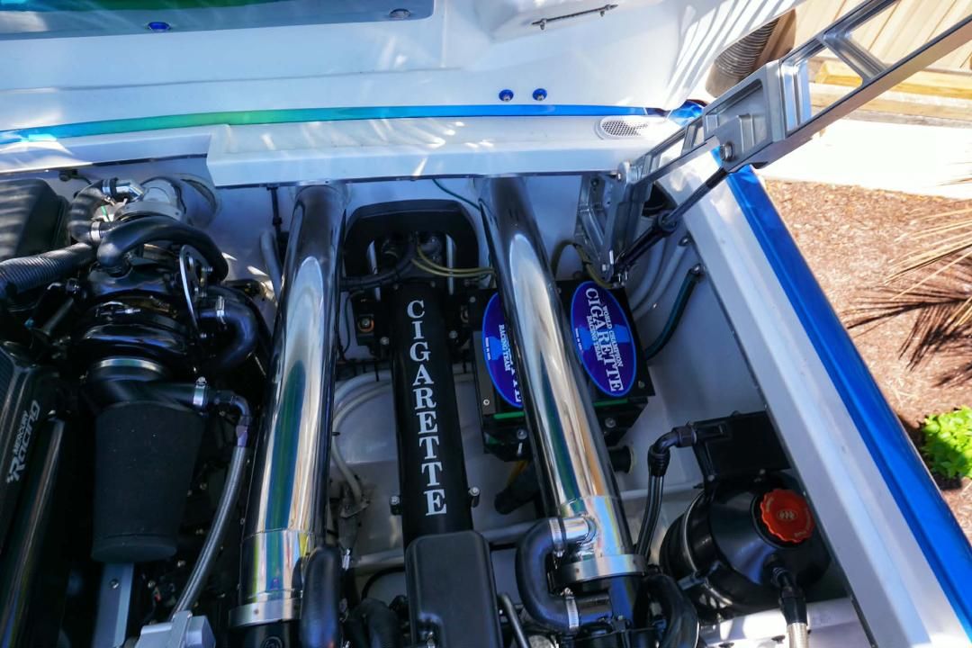 Engine compartment of a 2018 Cigarette TopGun Unlimited boat.