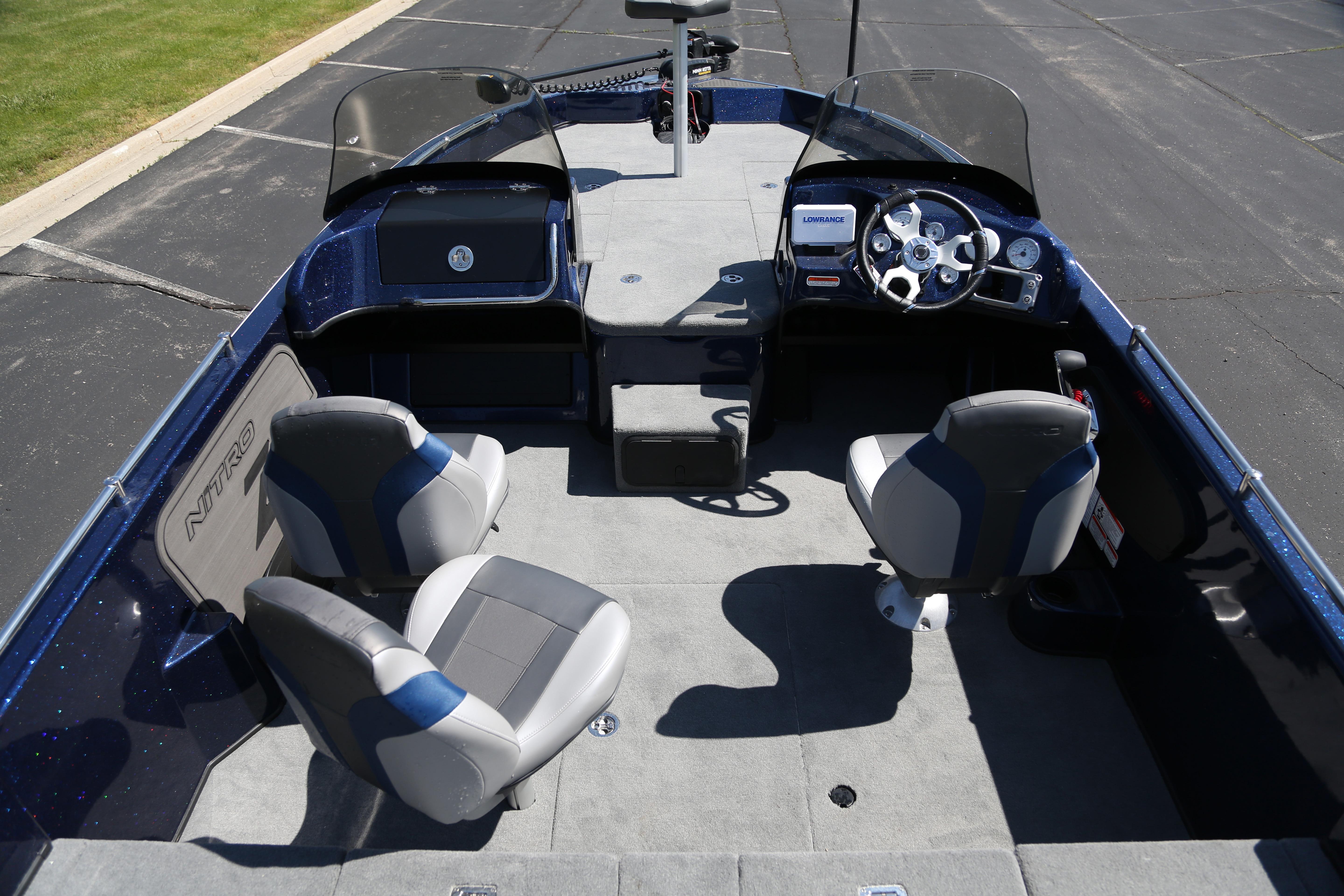 Interior view of a 2026 Nitro ZV19 boat with seating and steering console.