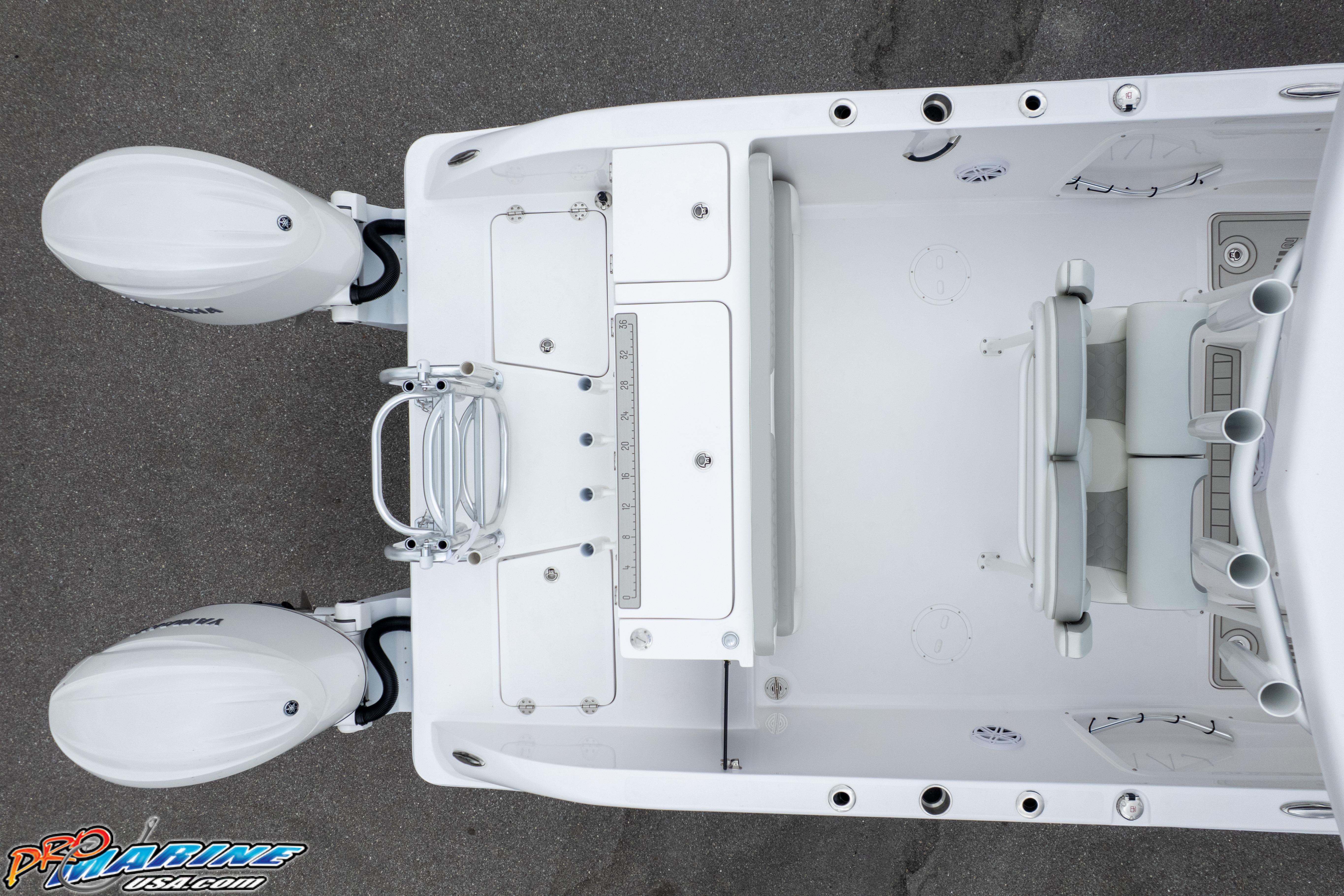 Overhead view of 2026 TwinVee 240 boat with dual outboard motors.