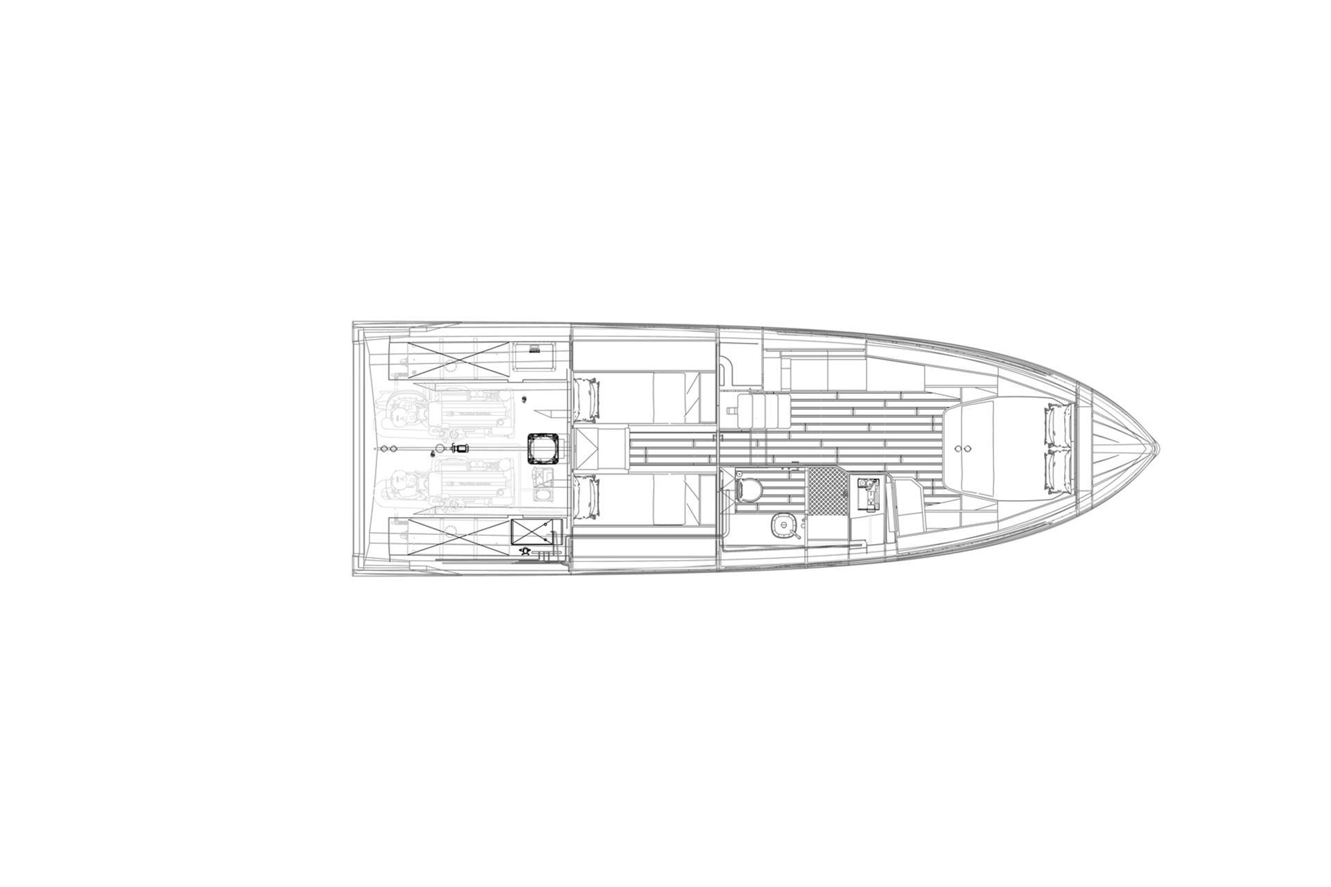 Top view blueprint of 2025 Fiart 43 Seawalker yacht layout.
