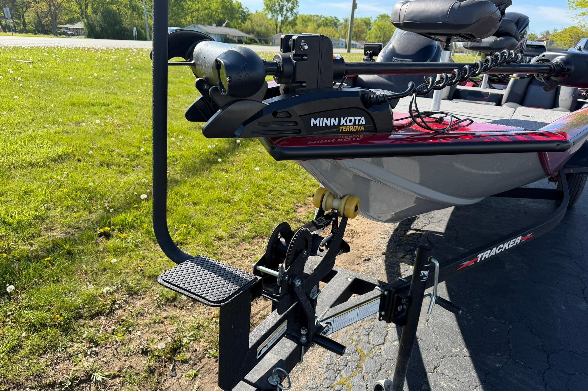 2024 Tracker Pro Team 175 TXW boat with Minn Kota Terrova motor on trailer.