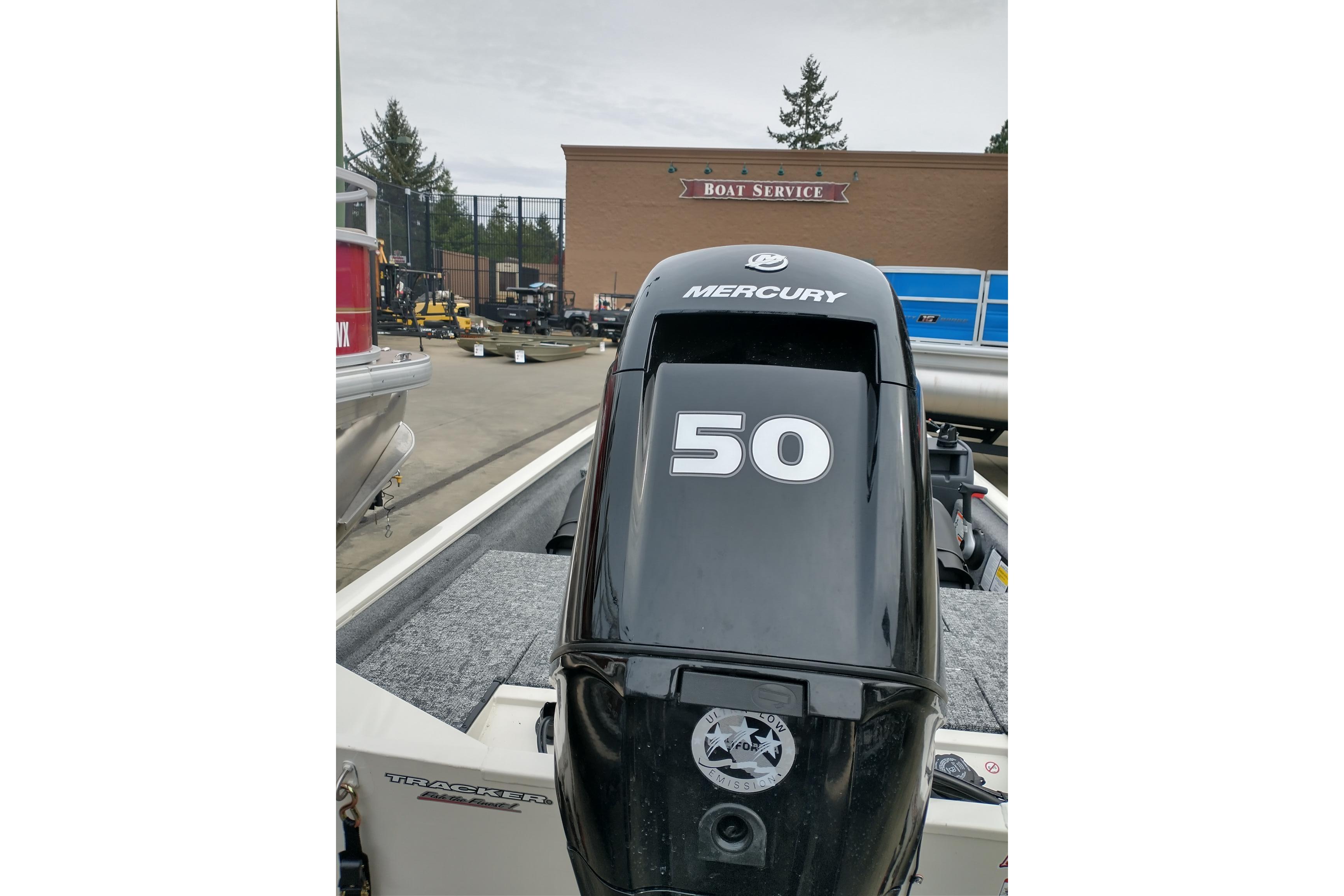 2026 Tracker Pro 170 boat with Mercury 50 engine at service center.
