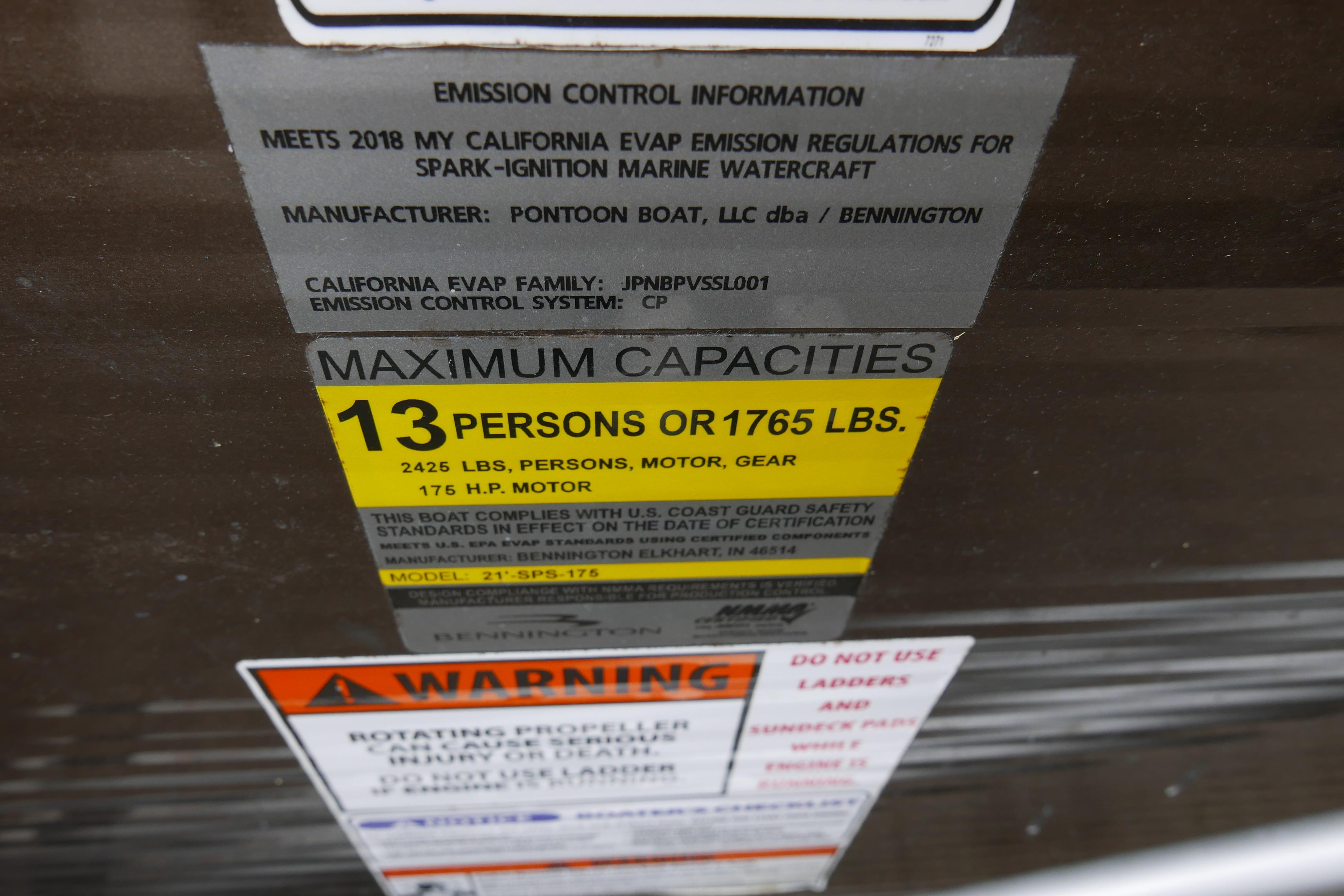 2018 Bennington 22 SSRX capacity label, 13 persons or 1765 lbs, 175 HP motor.