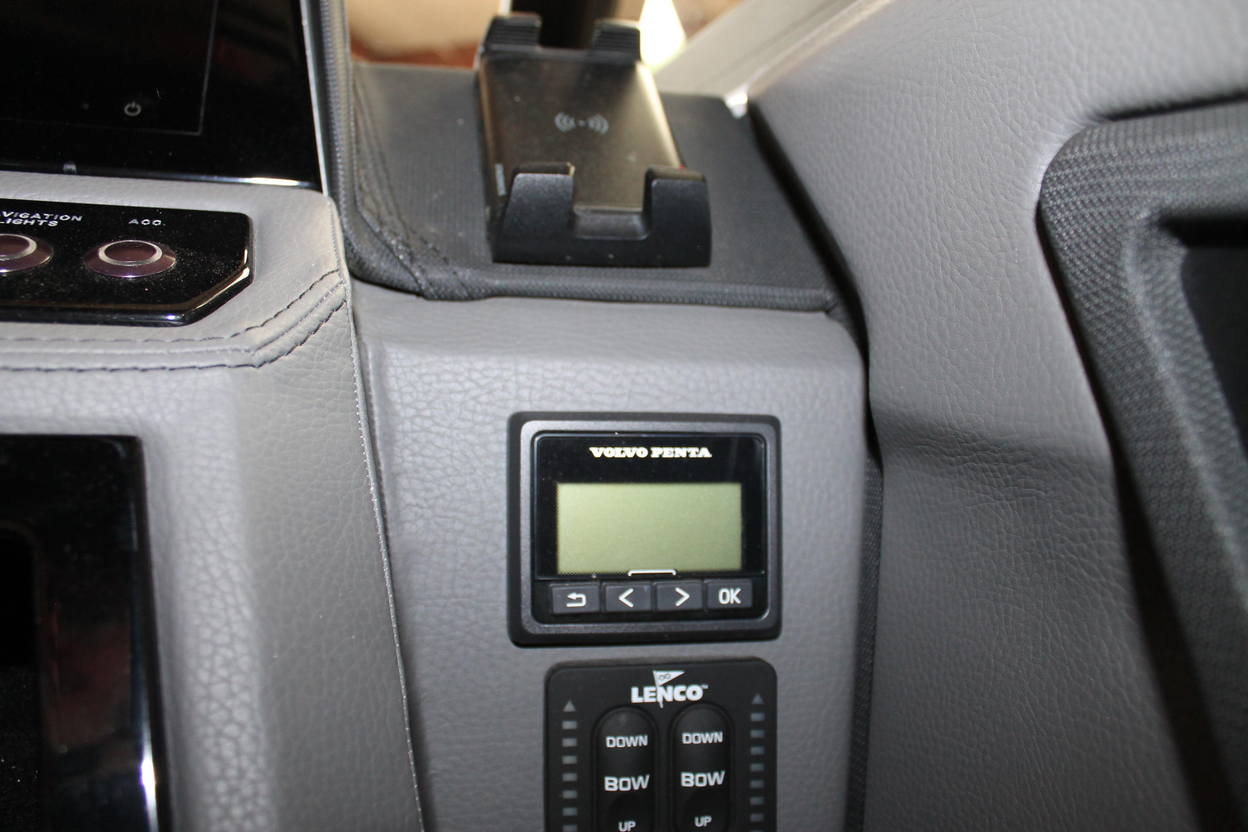 Dashboard controls of 2023 Cobalt R8 boat featuring Volvo Penta and Lenco systems.