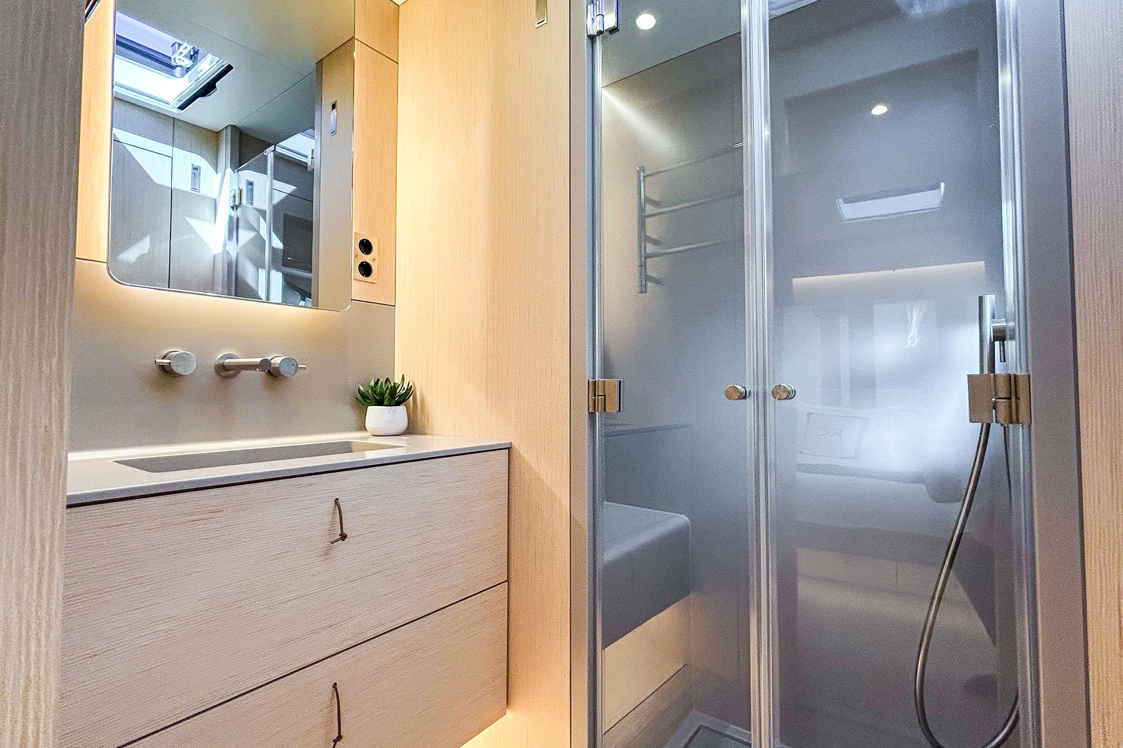 Luxurious 2024 YYachts Y8 bathroom with modern fixtures and sleek design.