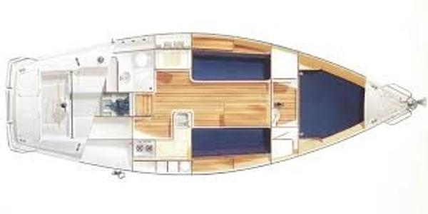 Layout of the 2001 J/32 with two cabins and a galley.