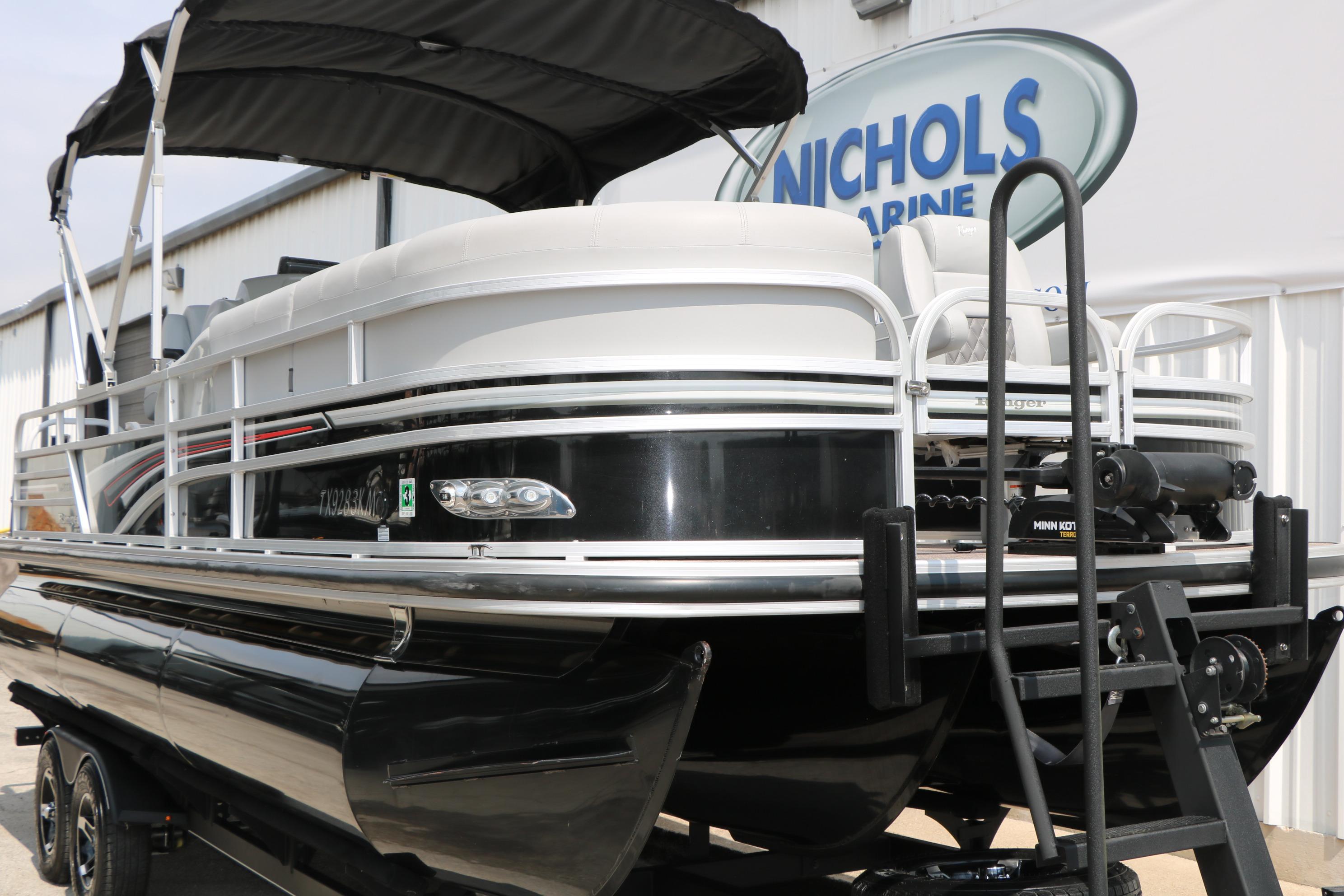 2021 Ranger 223FC pontoon boat with canopy at Nichols Marine dealership.