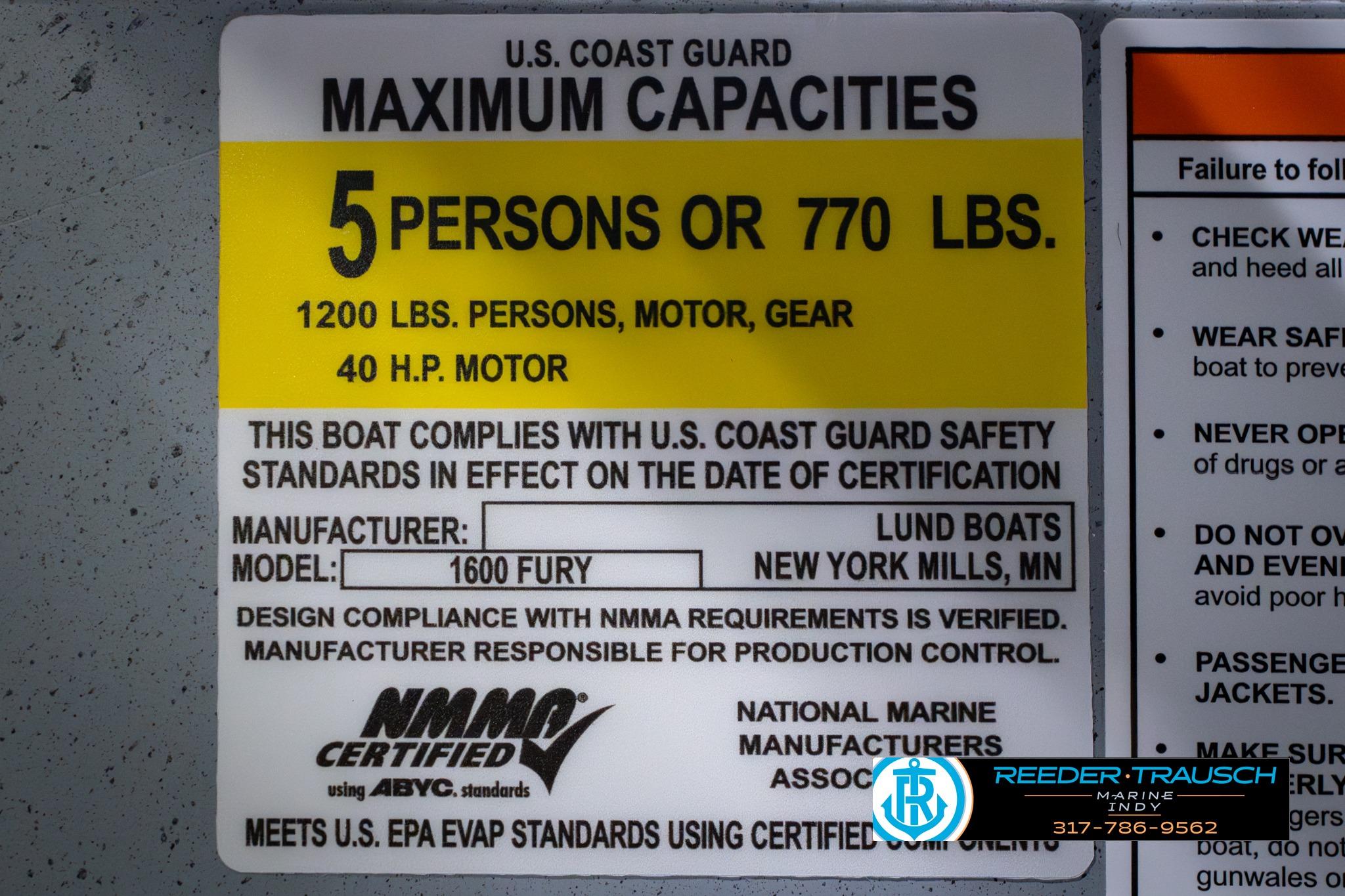 2026 Lund 1600 Fury SS boat capacity label, U.S. Coast Guard certified for 5 persons or 770 lbs.