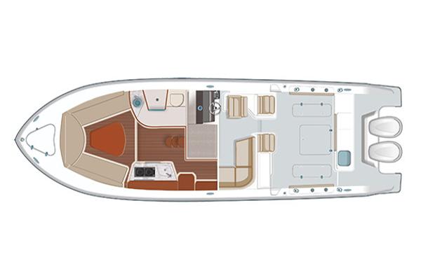 Manufacturer Provided Image: 2019 Pursuit OS 355 Offshore boat layout with cabin and deck areas.
