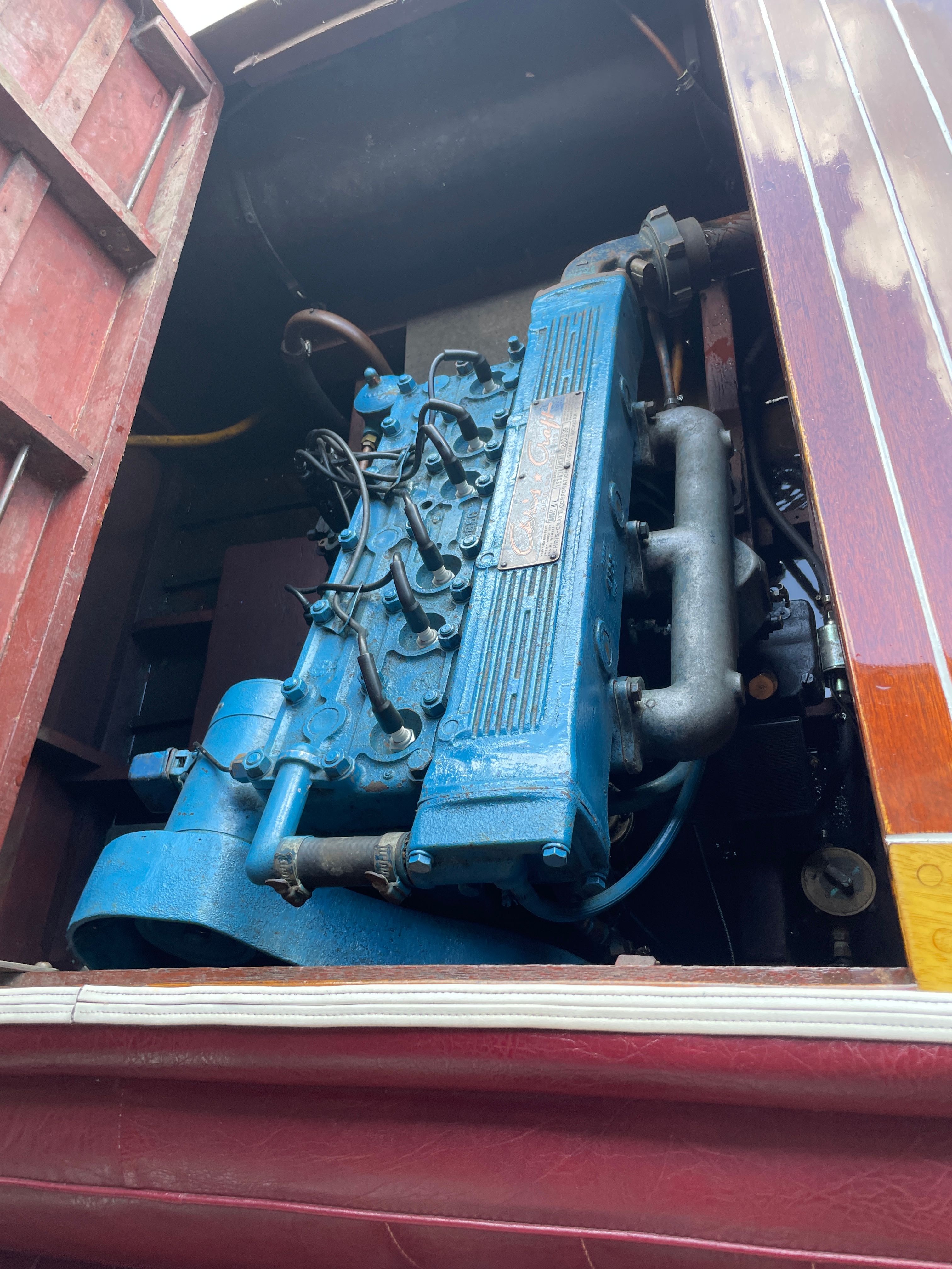 1954 Chris-Craft Riviera engine with blue paint.