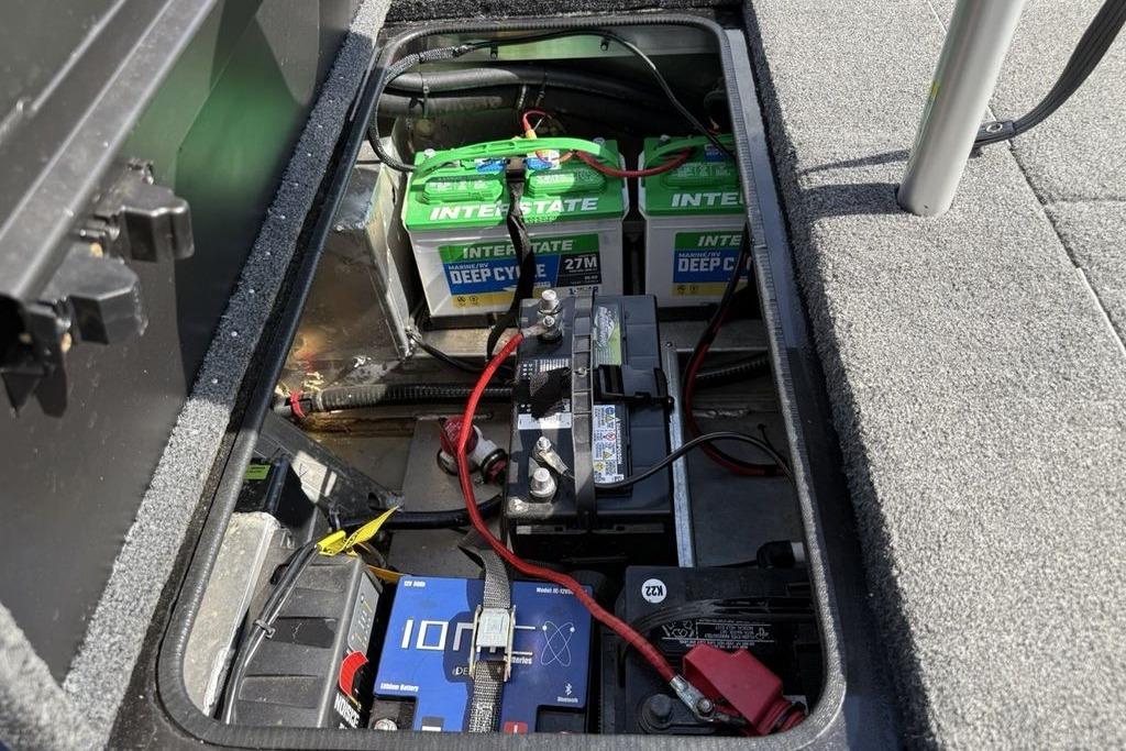 2023 Vexus AVX189 boat battery compartment with Interstate deep cycle batteries.