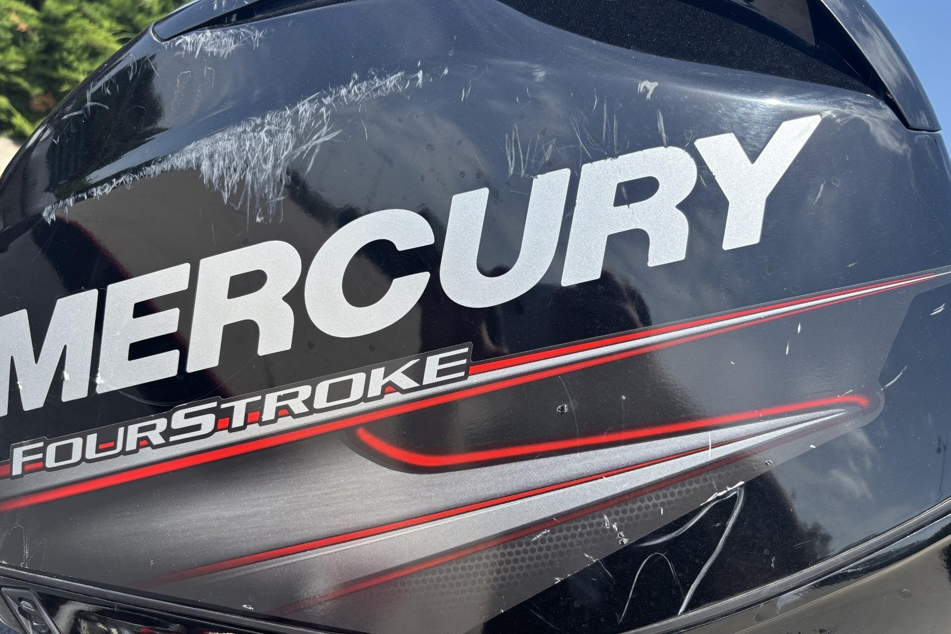 Mercury FourStroke engine on 2019 Lowe Skorpion 17 boat, close-up view.