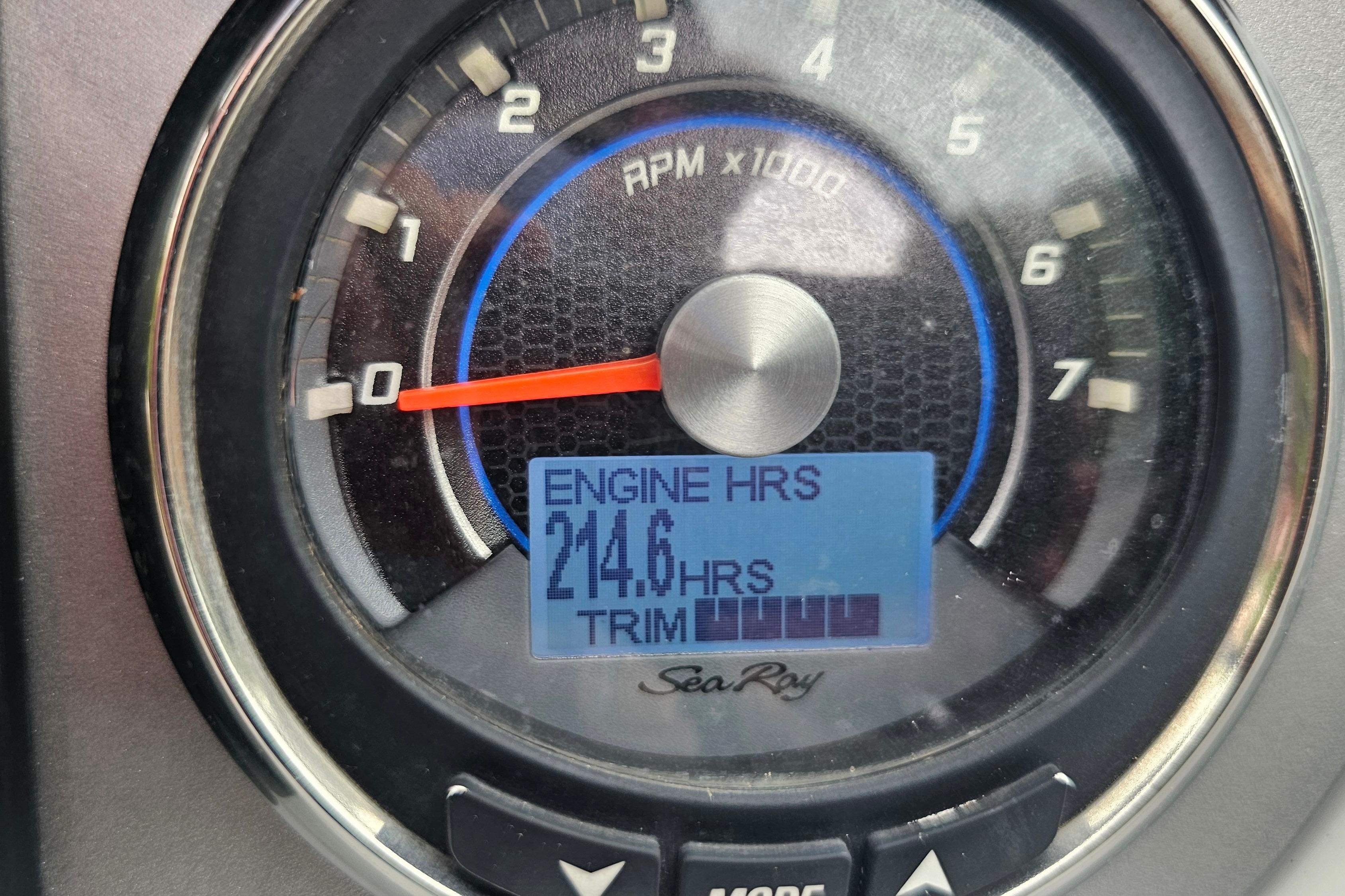 Tachometer of 2017 Sea Ray SDX 240 Outboard showing 214.6 engine hours.