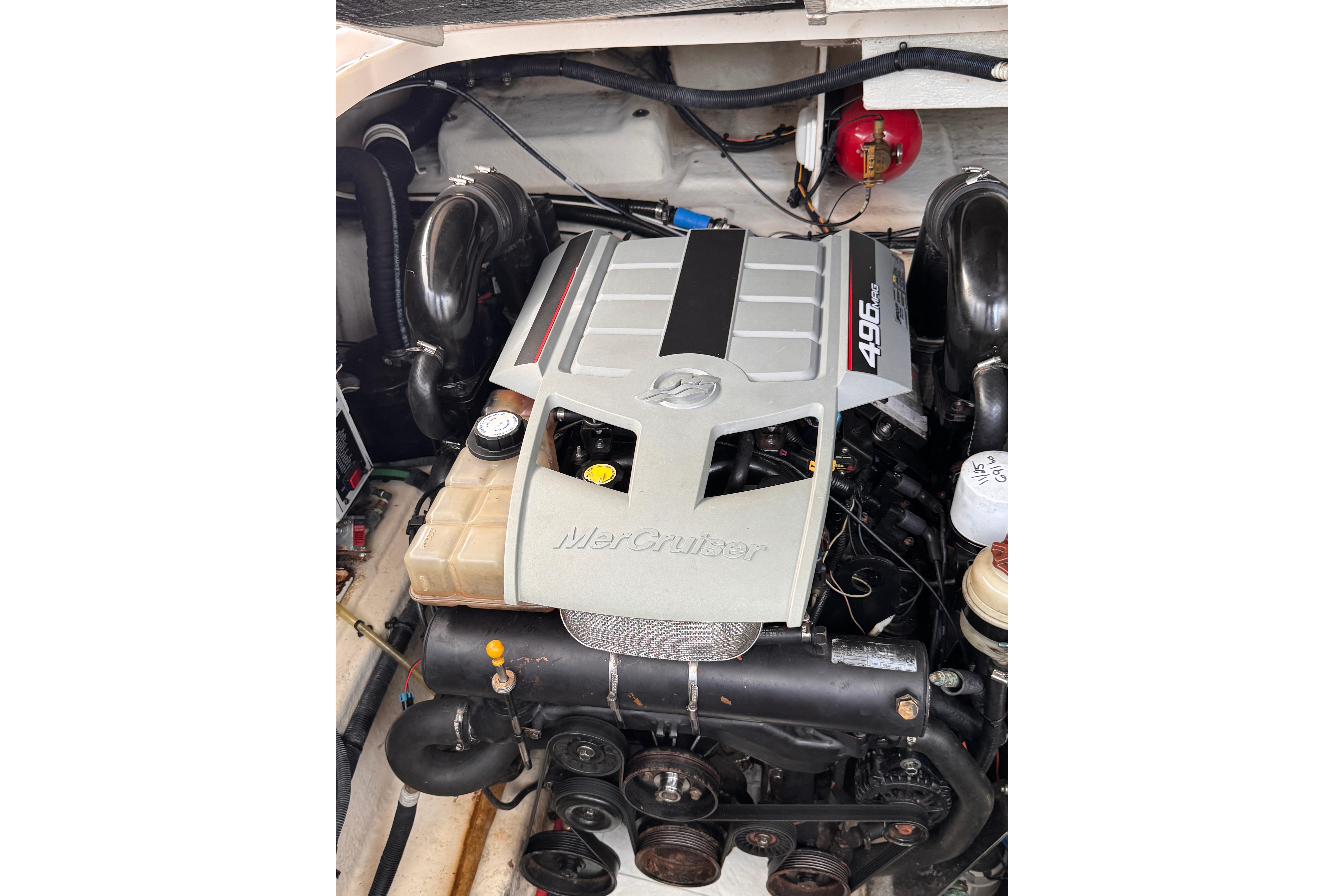 Engine compartment of a 2008 Sea Ray Sundancer 350 with MerCruiser 496 engine.
