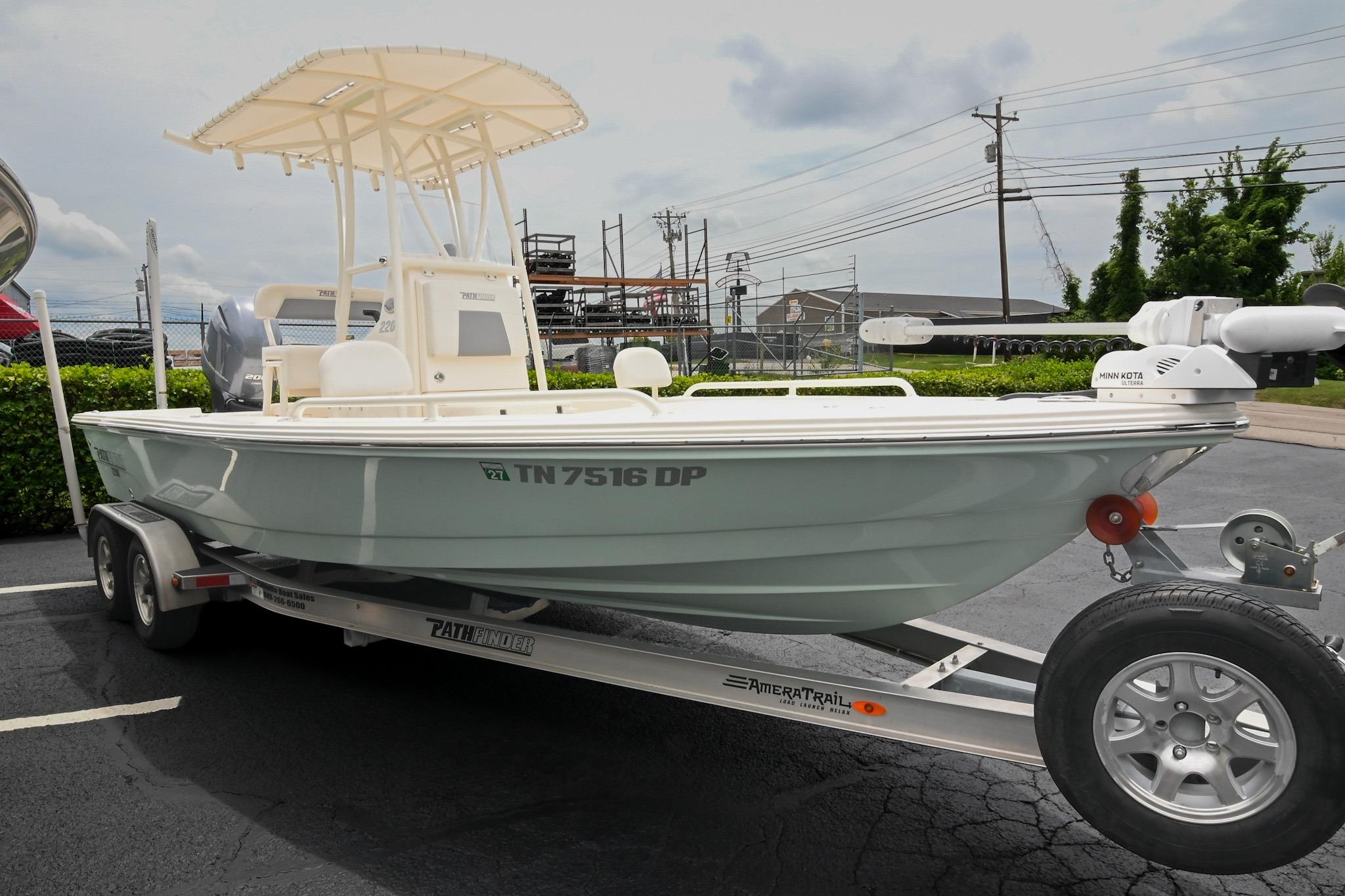 2021 Pathfinder 2200 TRS boat on trailer in parking lot, overcast sky.